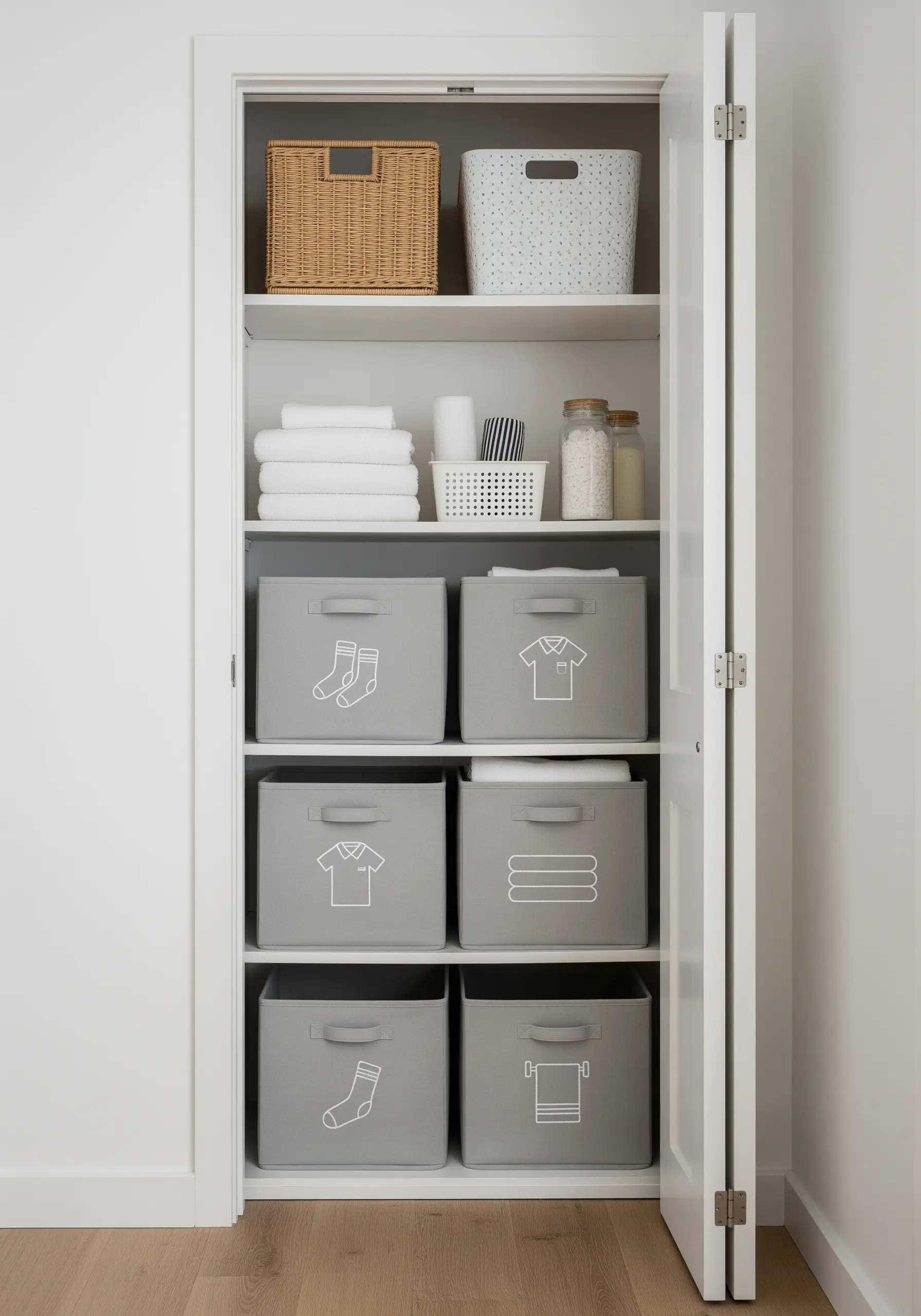 Gray fabric storage bins in a closet with simple white embroidered icons for clothing