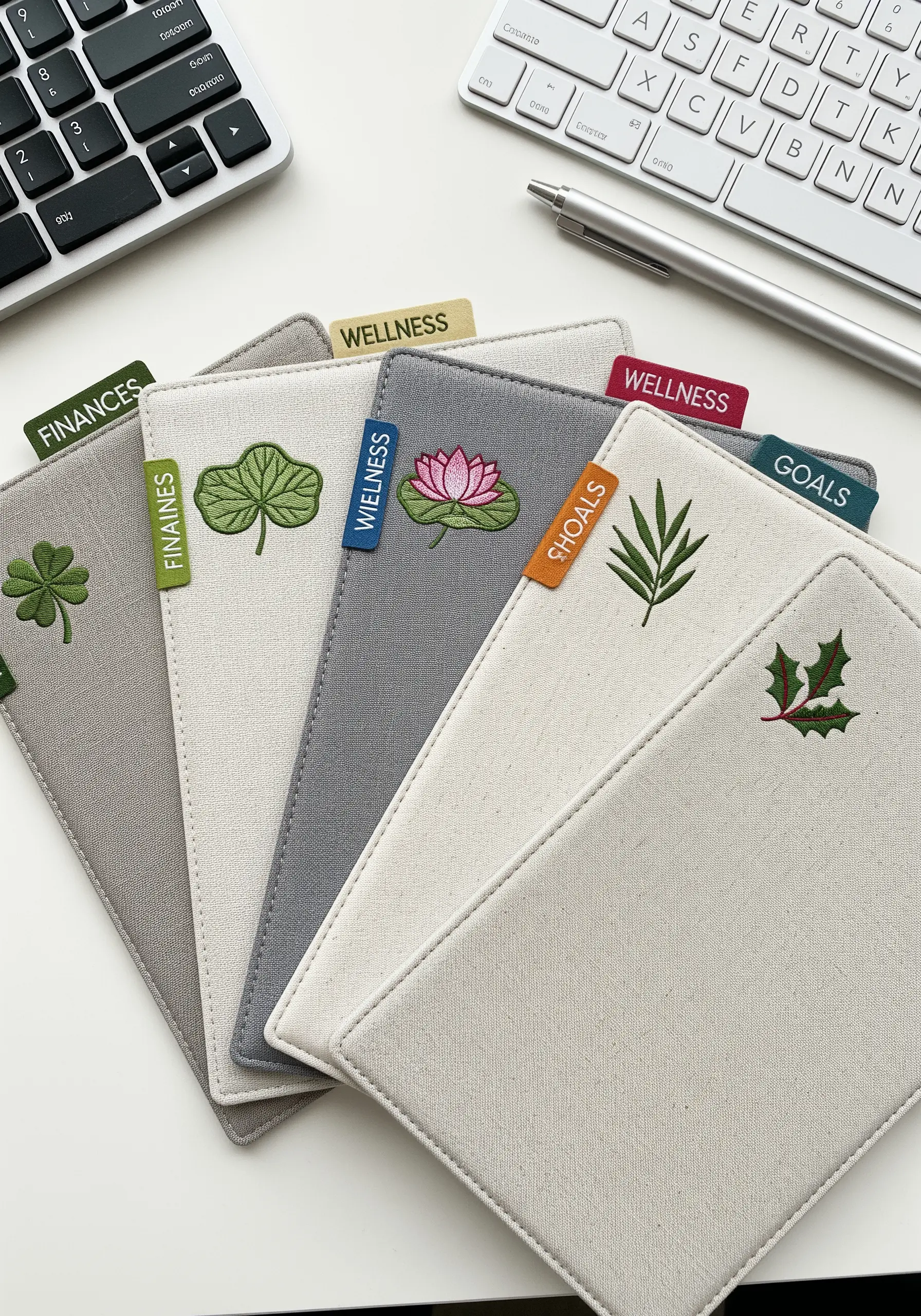 Four journal covers with small embroidered leaves next to labeled organizational tabs.