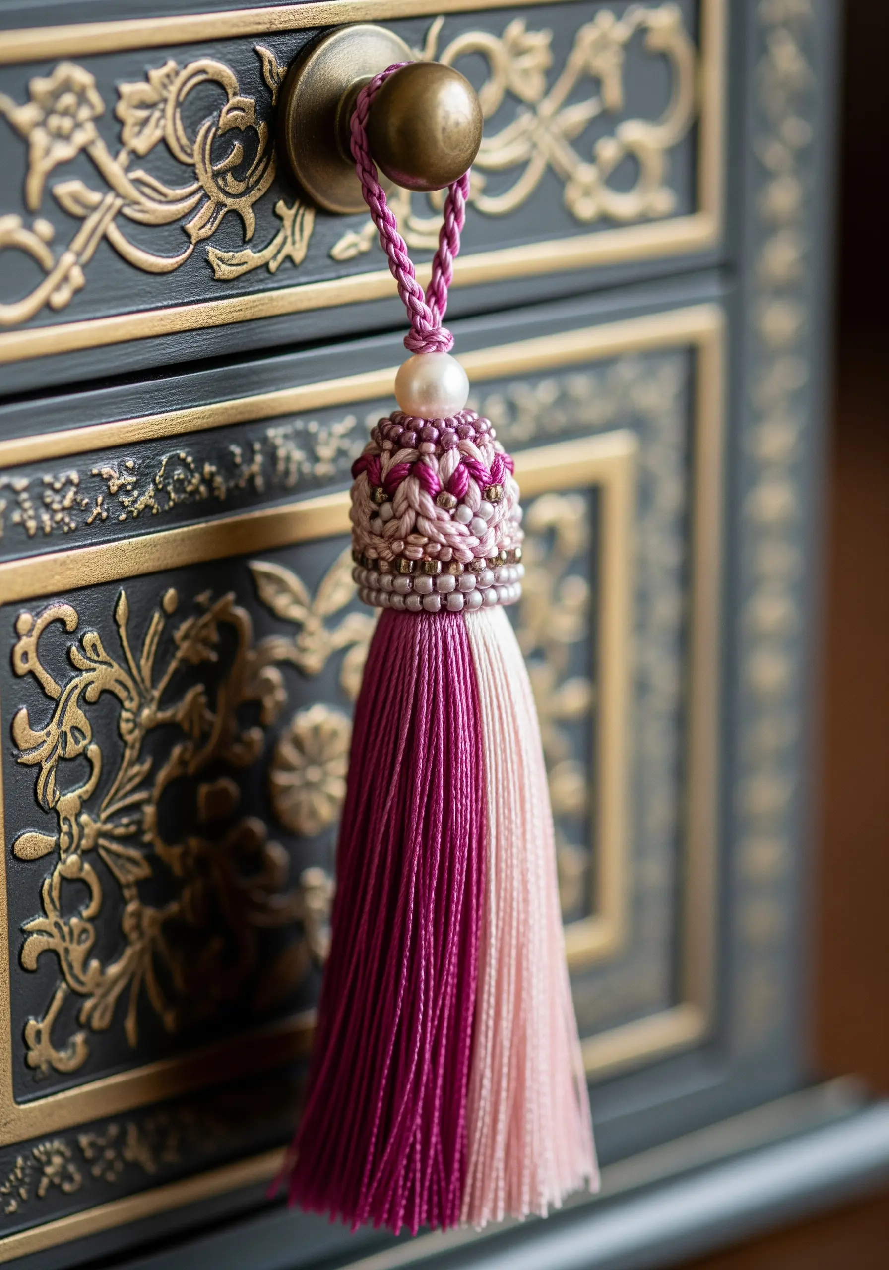 An ornate tassel with a pink and white beaded cap and a two-toned thread body.