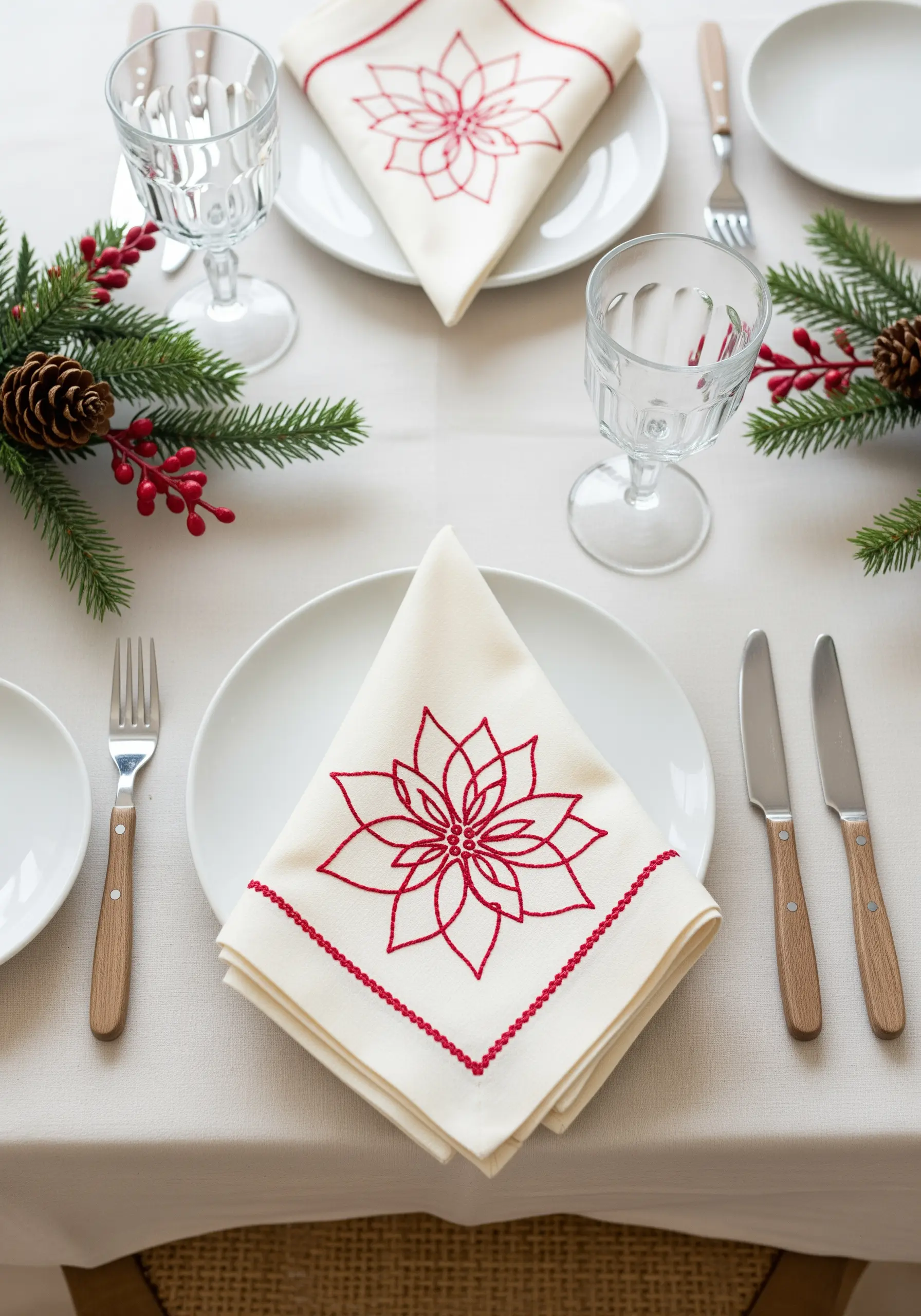 Red line art poinsettia embroidered on a cream-colored linen napkin.