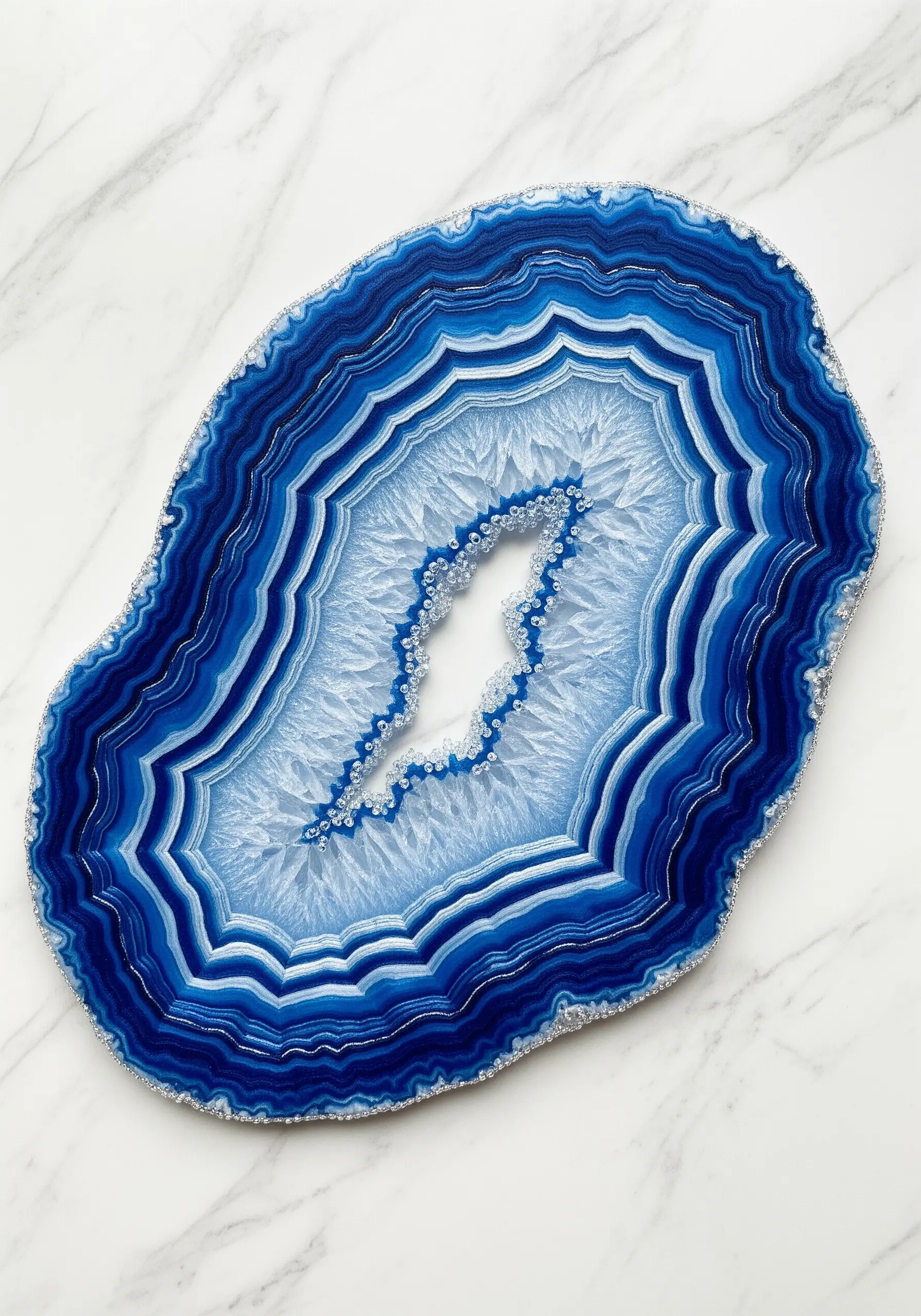 An embroidered blue agate slice with precise concentric lines and a beaded center.