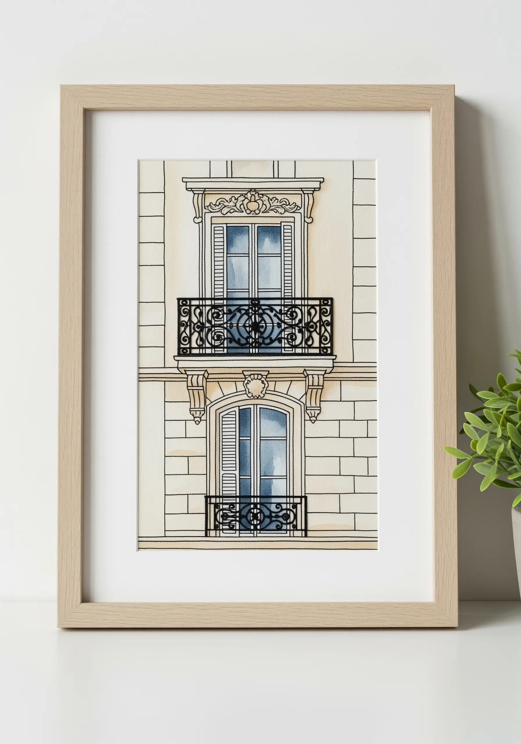 A watercolor painting of a Parisian balcony with black thread outlining the iron railings.