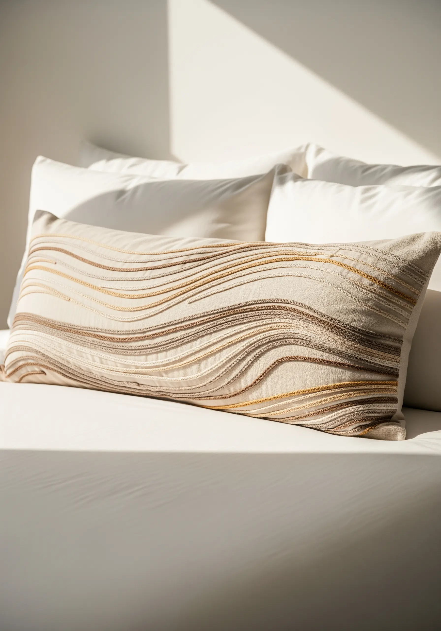 A neutral lumbar pillow with wavy, raised lines of embroidery in beige and gold tones.