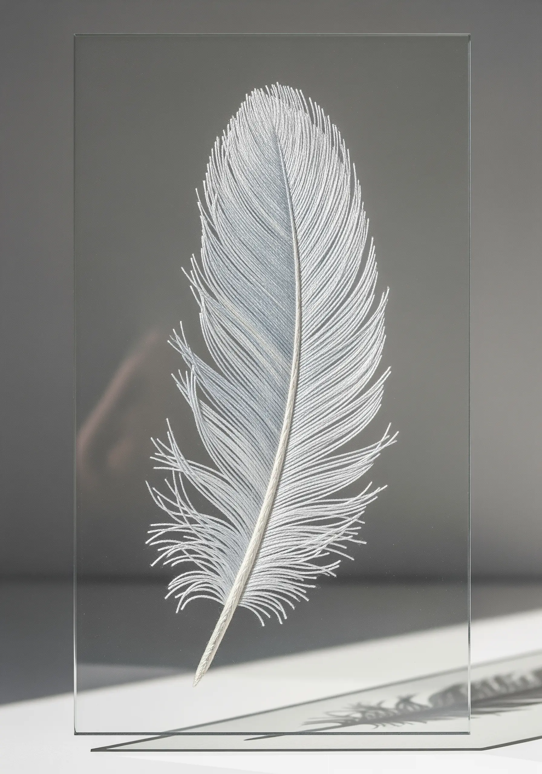 A delicate white feather embroidered onto a clear pane of glass using thread painting.