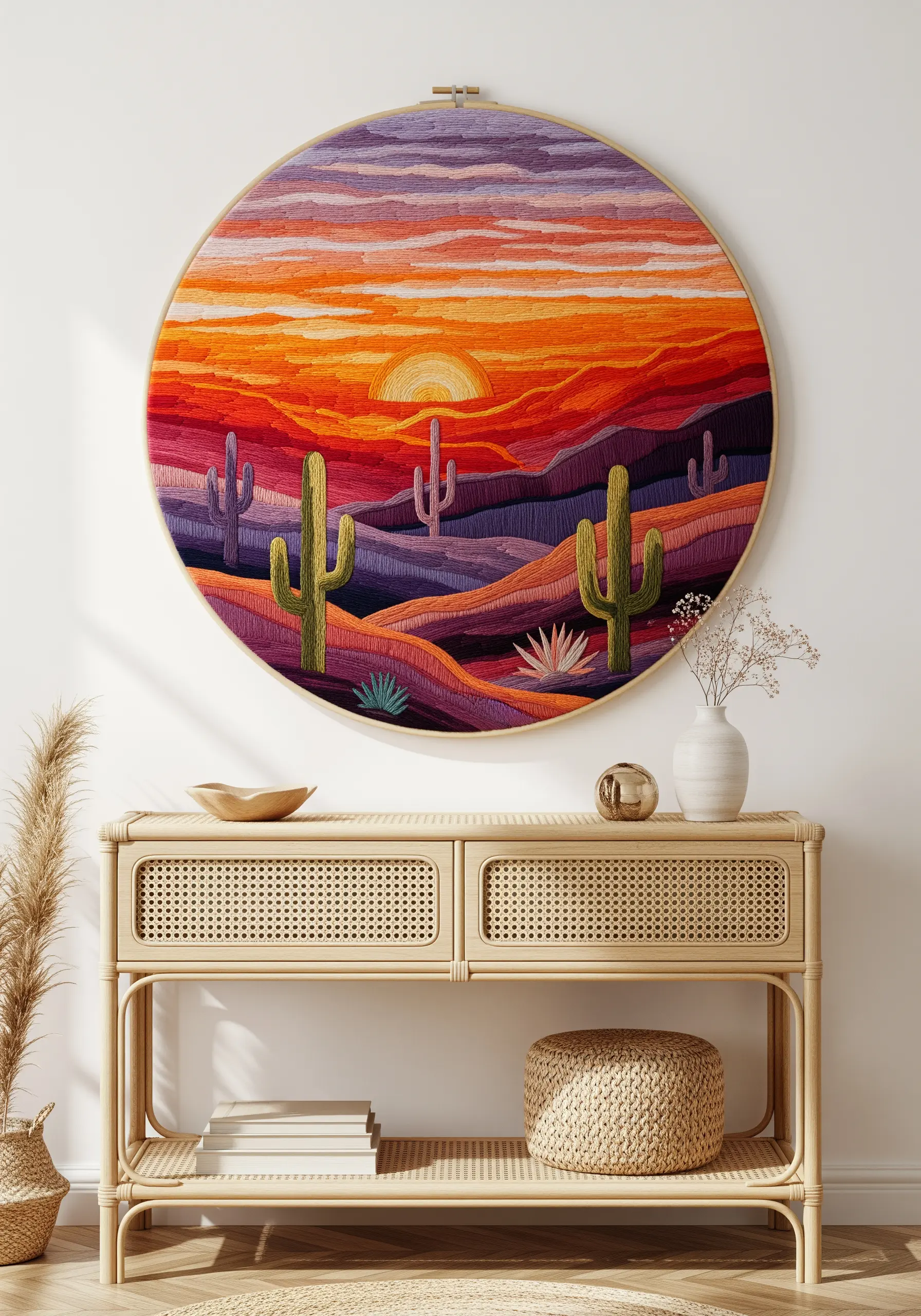 Large embroidery hoop showing a vibrant desert sunset with cacti, mountains, and a blended sky.