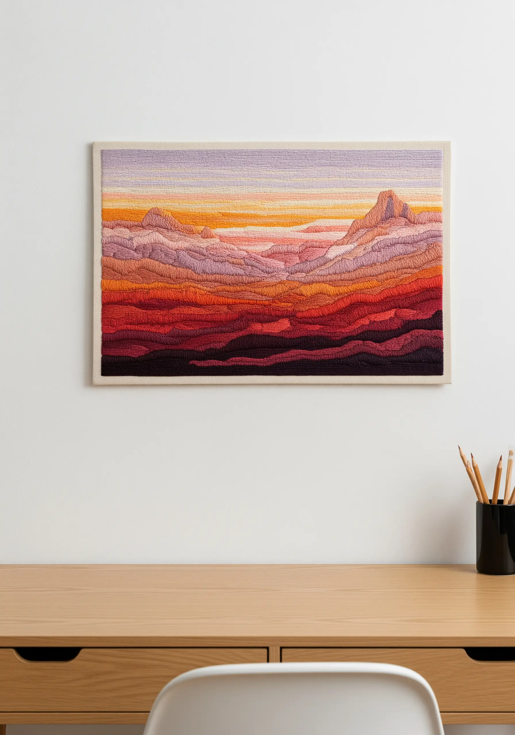 An abstract embroidered landscape with contoured lines of color depicting a sunset.