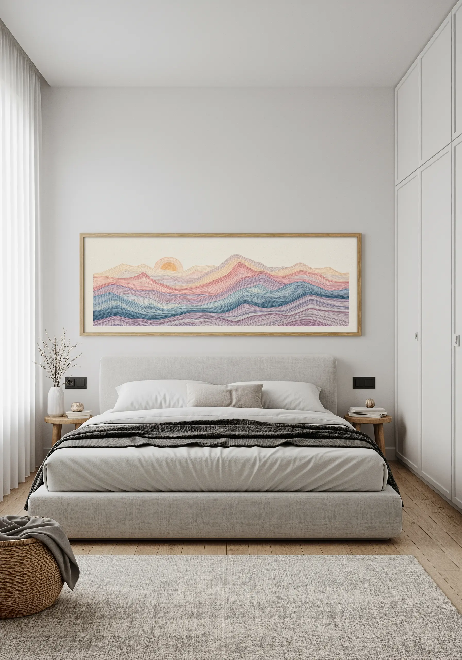 Panoramic embroidery of a pastel mountain range hanging above a minimalist bed.