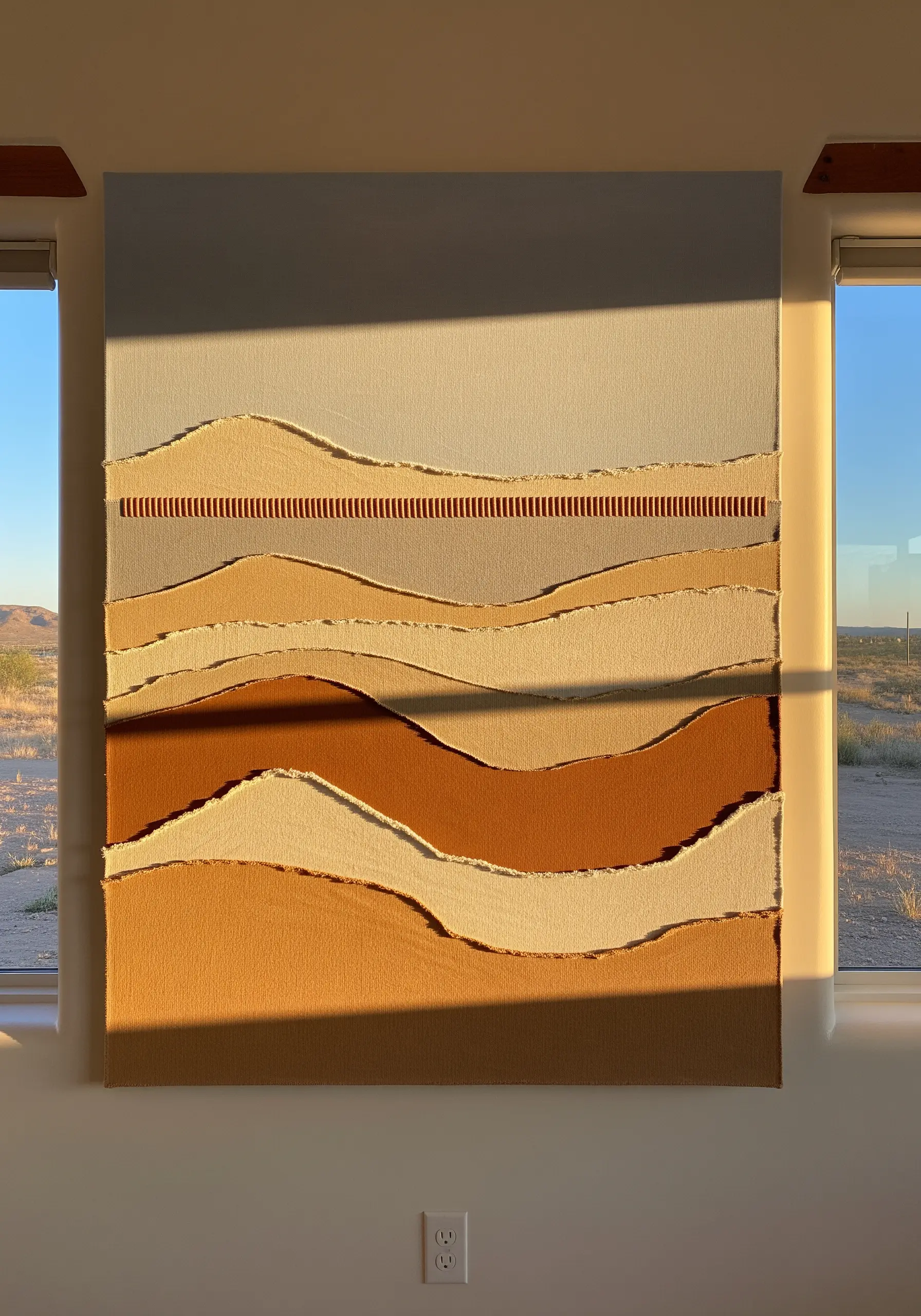 A minimalist textile landscape made from layered, raw-edged strips of neutral-colored fabrics.