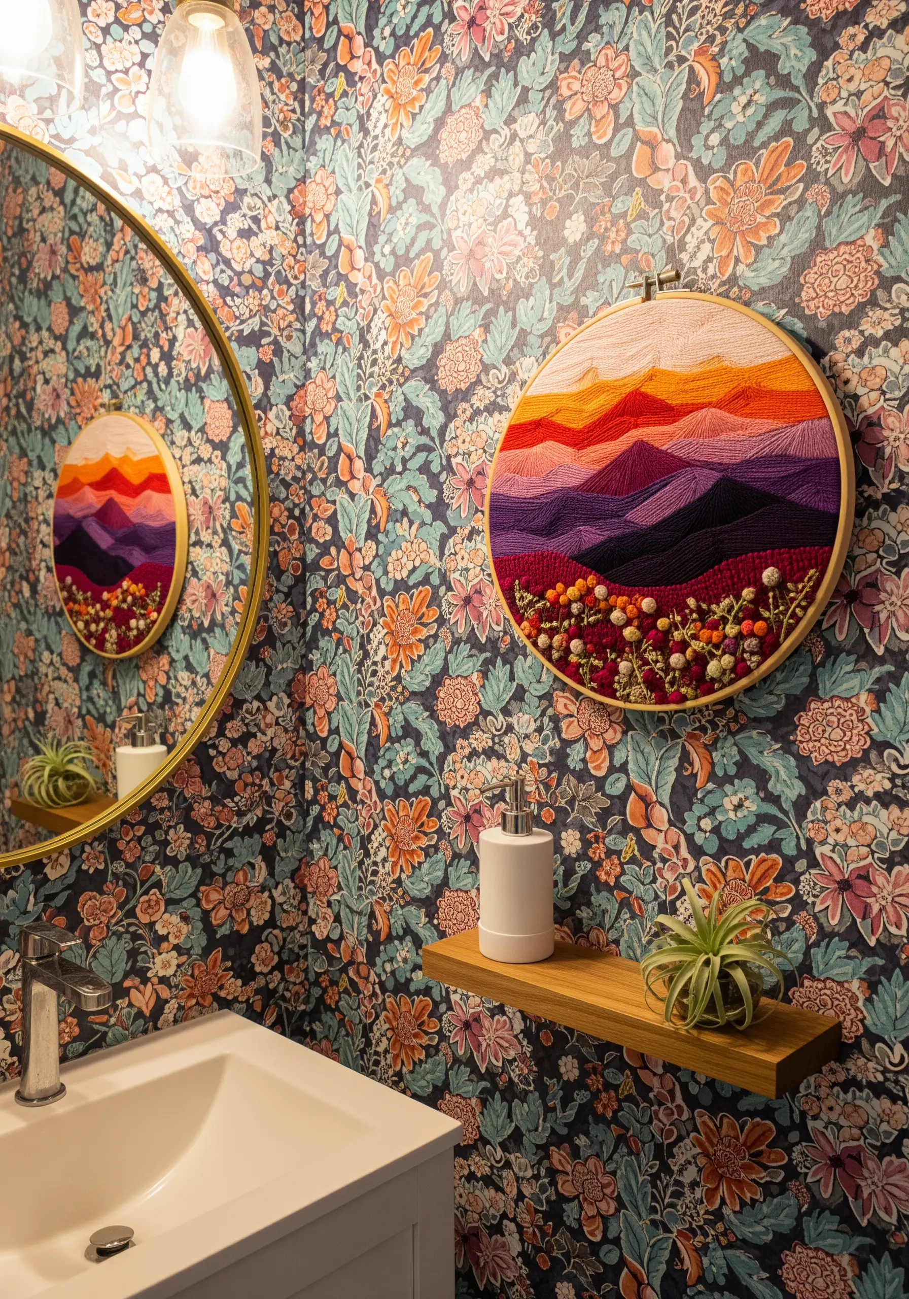 Embroidered mountain landscape at sunset with textured flowers in the foreground.