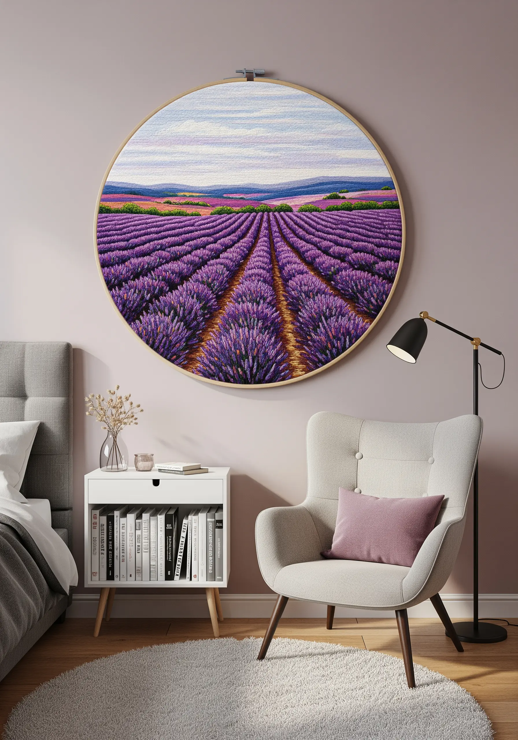 Large hoop art depicting a detailed thread-painted lavender field landscape.
