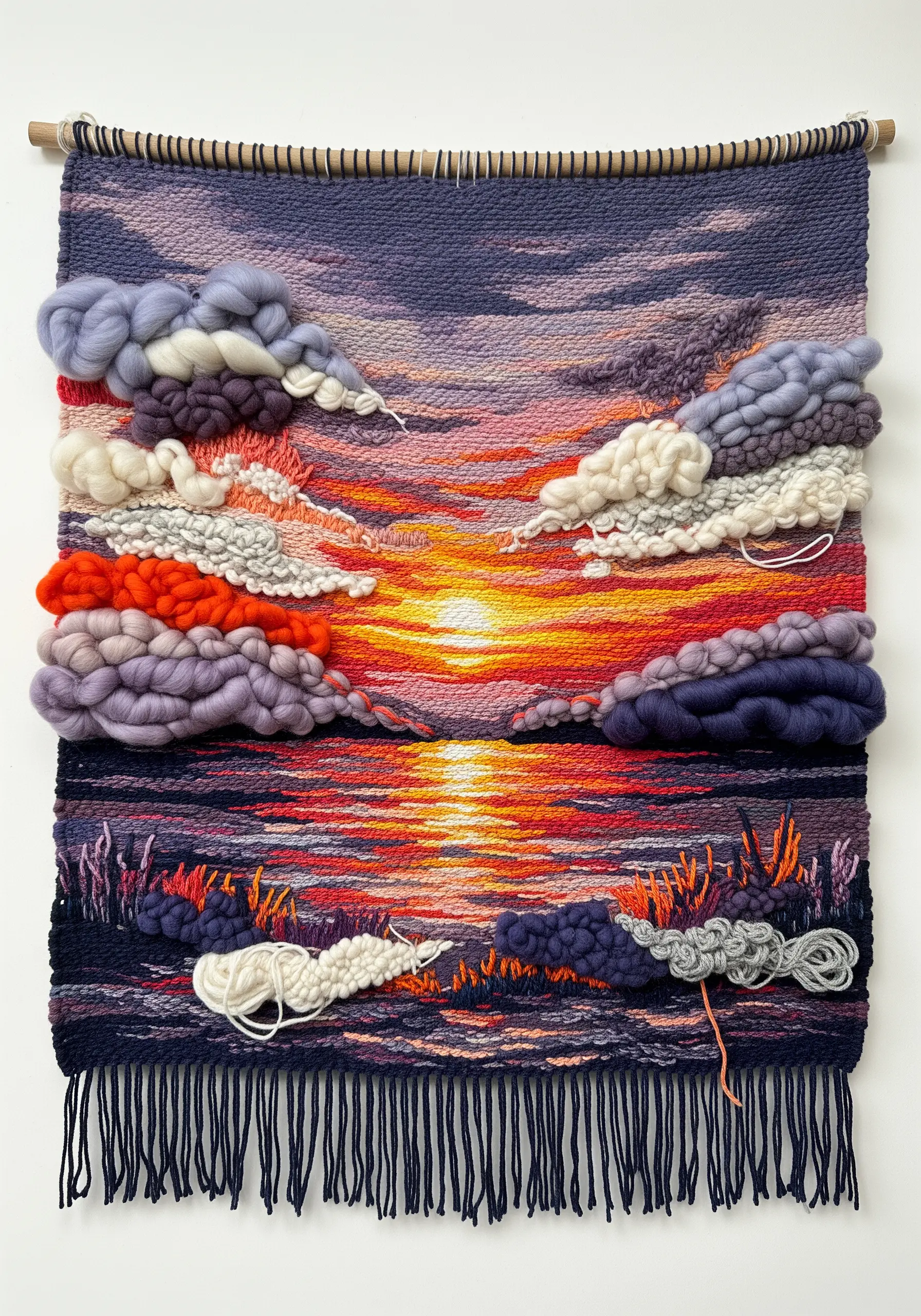 Woven tapestry of a sunset over water with textured wool roving clouds.