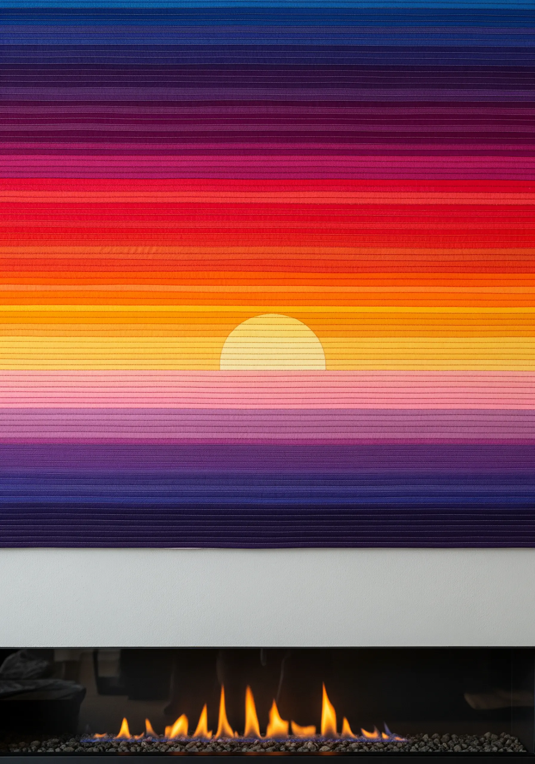 A vibrant sunset artwork made from tightly wrapped horizontal threads in a gradient of colors.