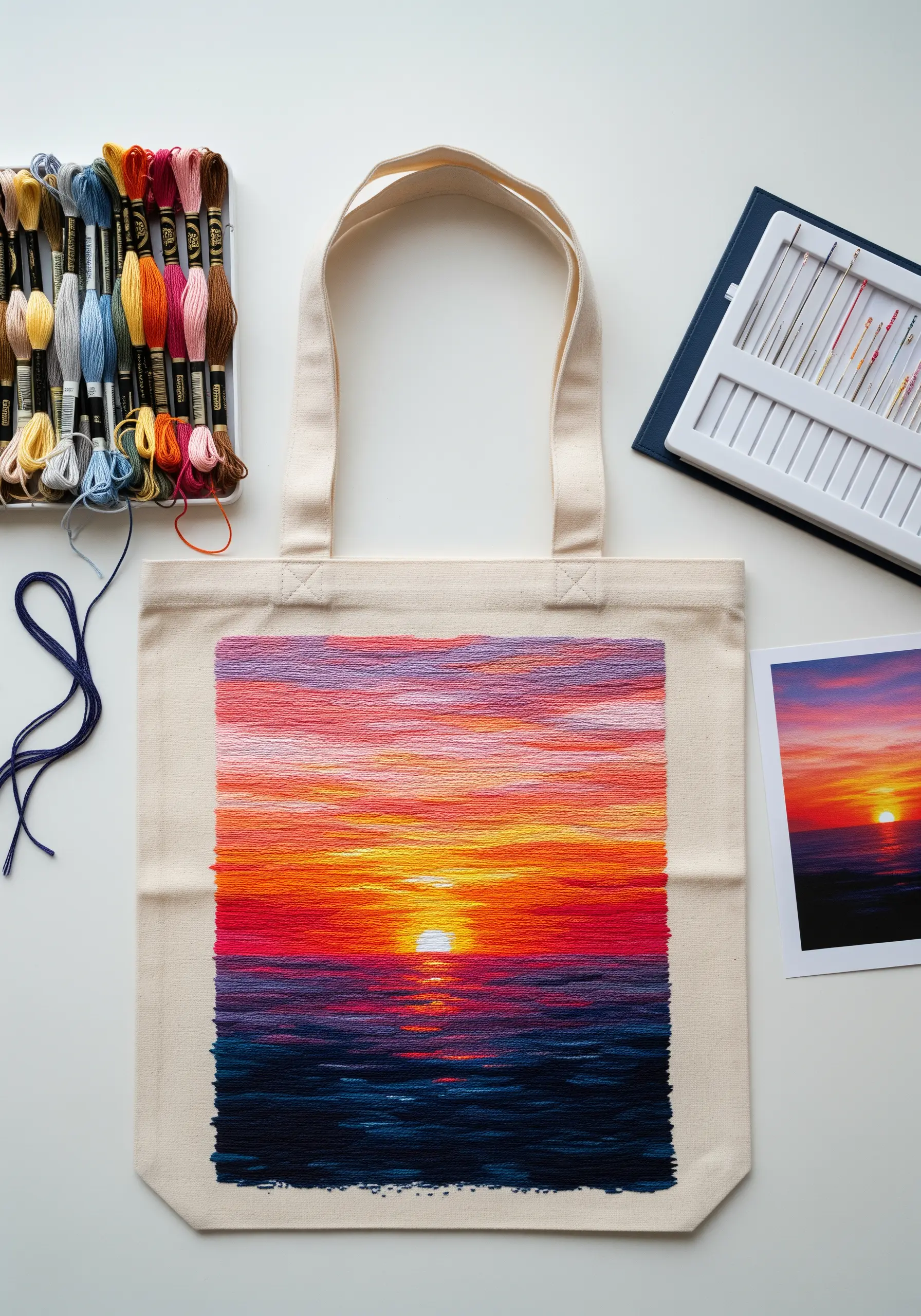 A thread-painted sunset scene with vibrant oranges, pinks, and purples on a canvas tote bag.