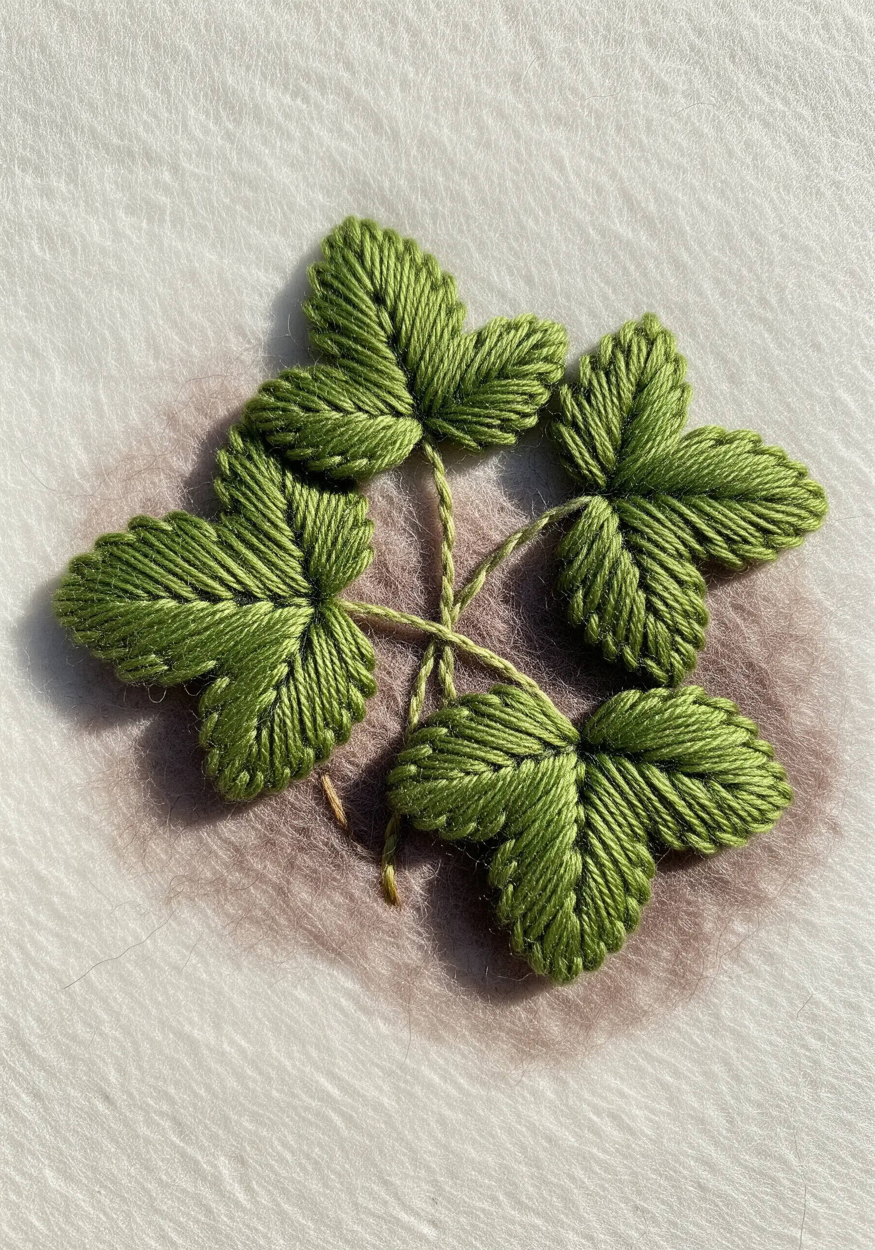 Four small embroidered strawberry leaves on fabric with a soft, brown watercolor shadow beneath.