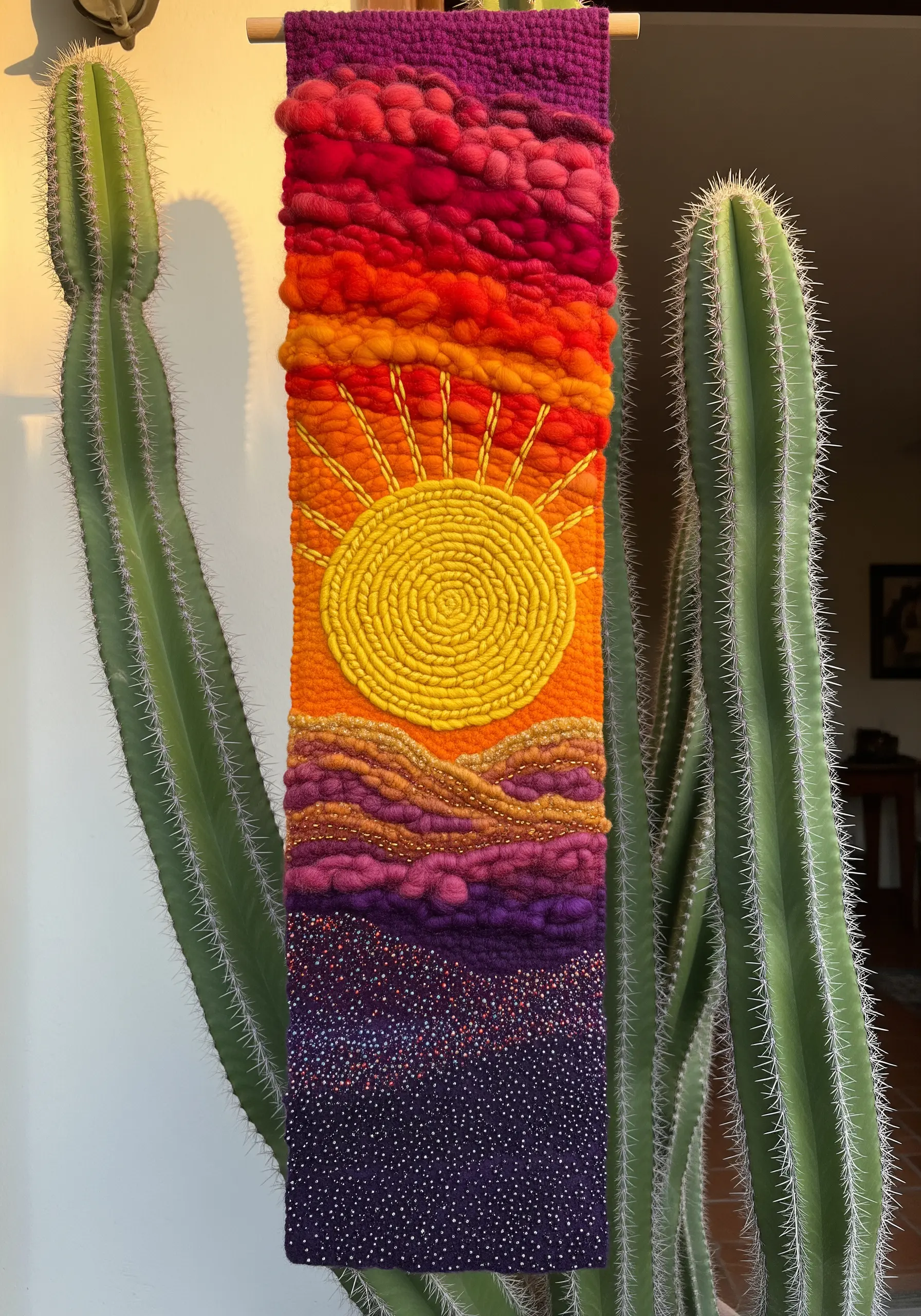 A woven wall hanging depicting a vibrant sunset over hills, with a stitched sun.