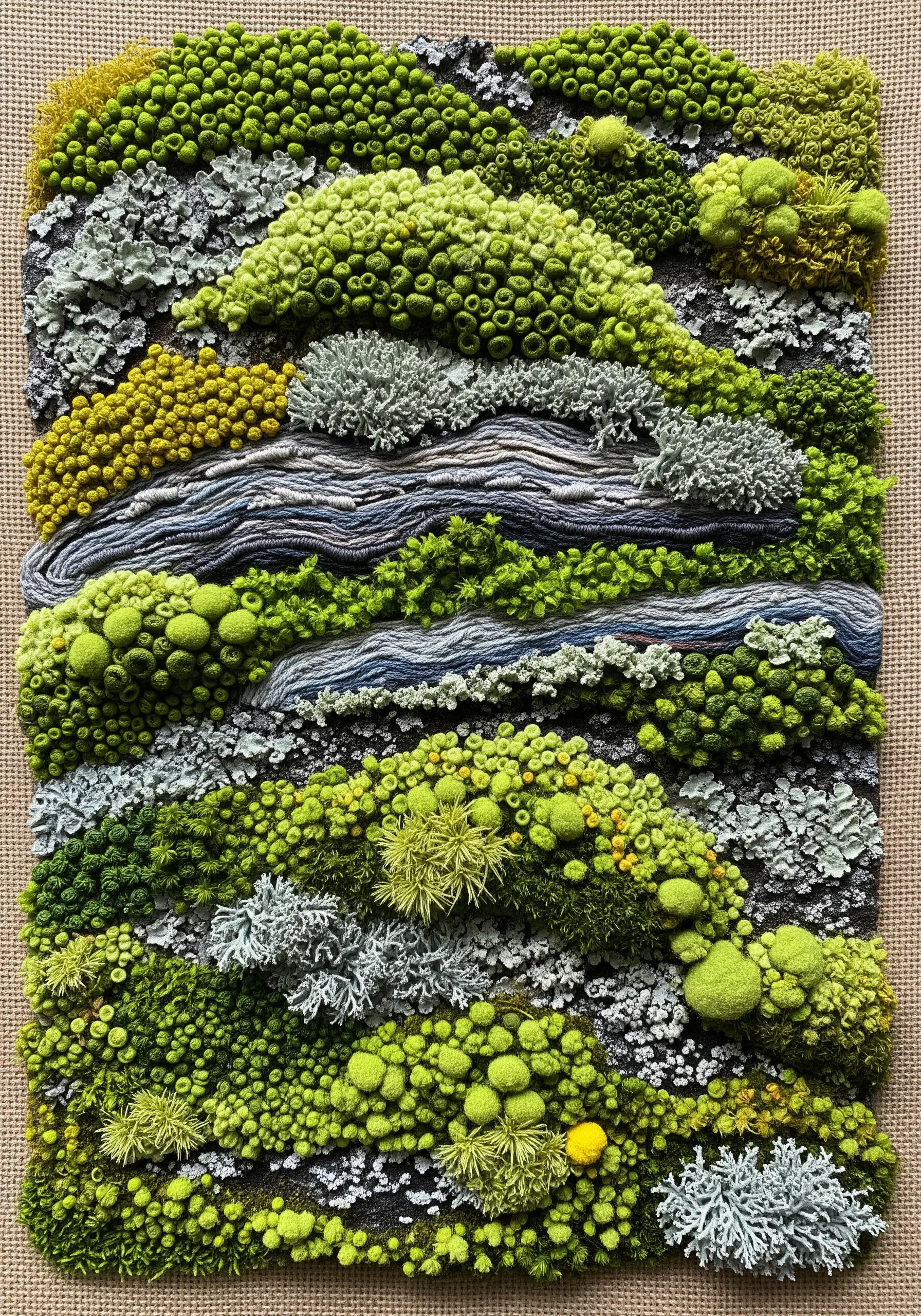 An abstract textural embroidery landscape made of French knots, bullion knots, and couched yarn.