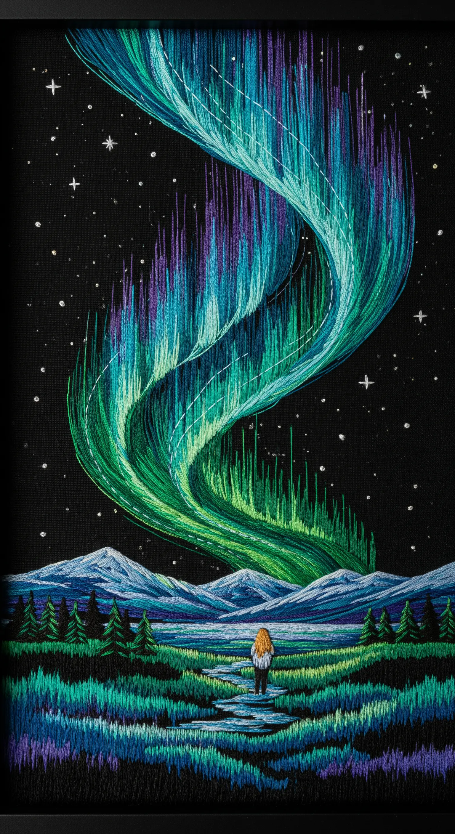 Embroidery of the aurora borealis over a mountain landscape with flowing vertical stitches.