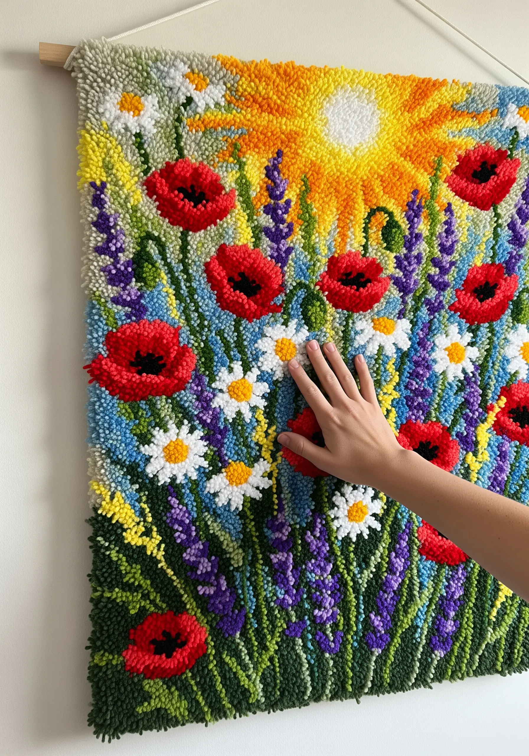A hand touching a colorful punch needle wall hanging of a wildflower meadow.