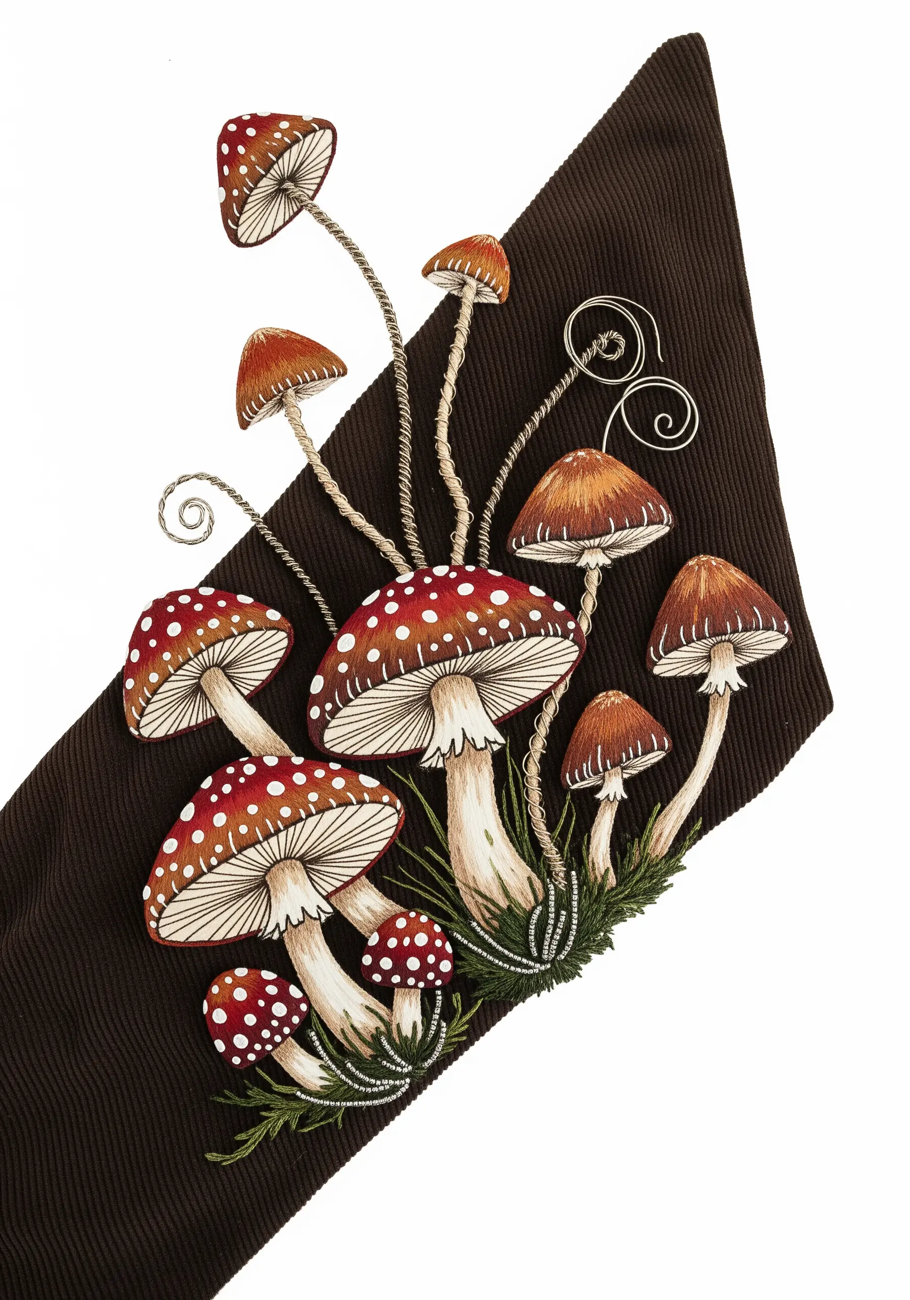 Embroidered and painted mushrooms with thread-wrapped wire stems on dark fabric.
