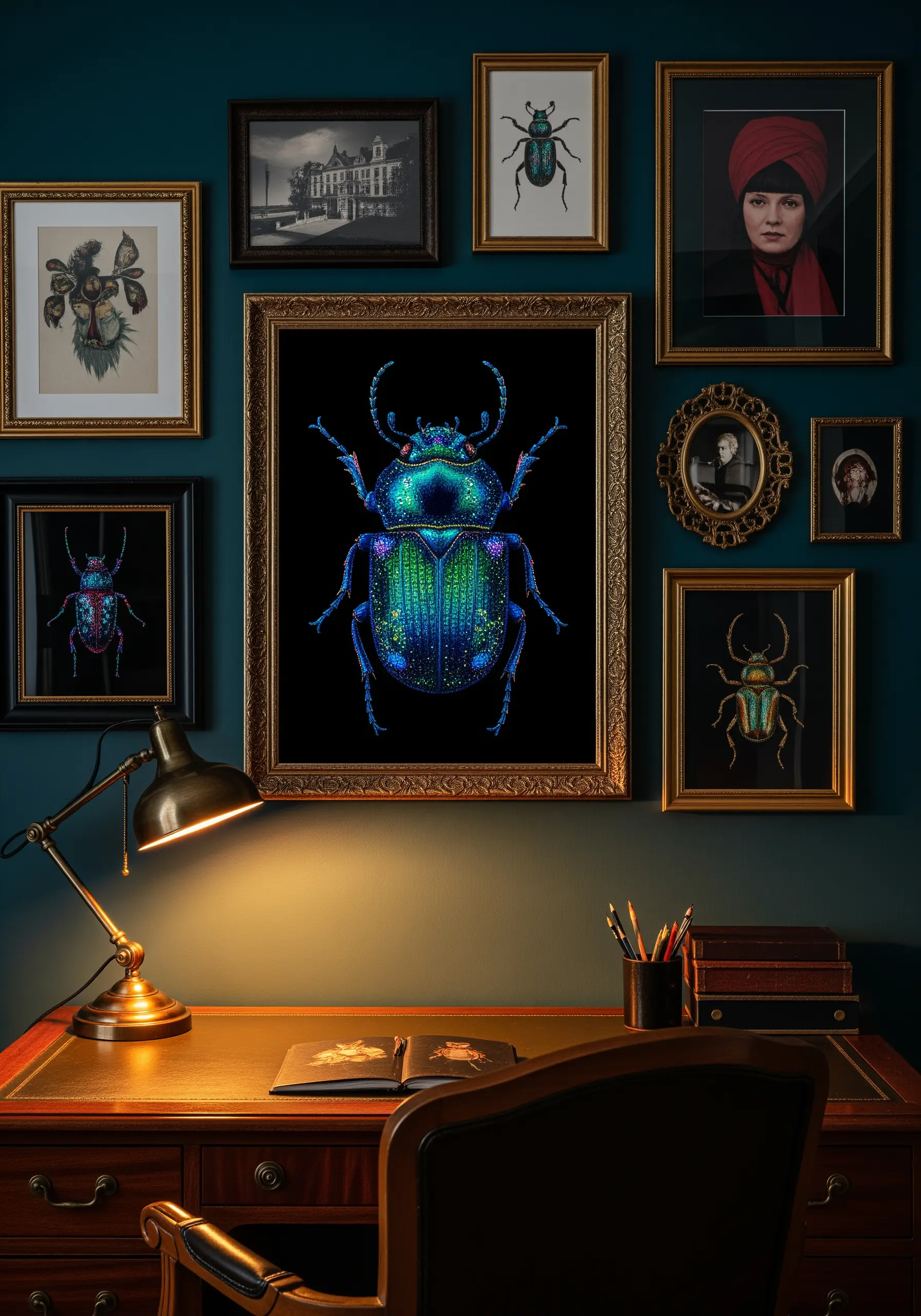 Detailed thread-painted iridescent beetle on black fabric in an ornate gold frame.