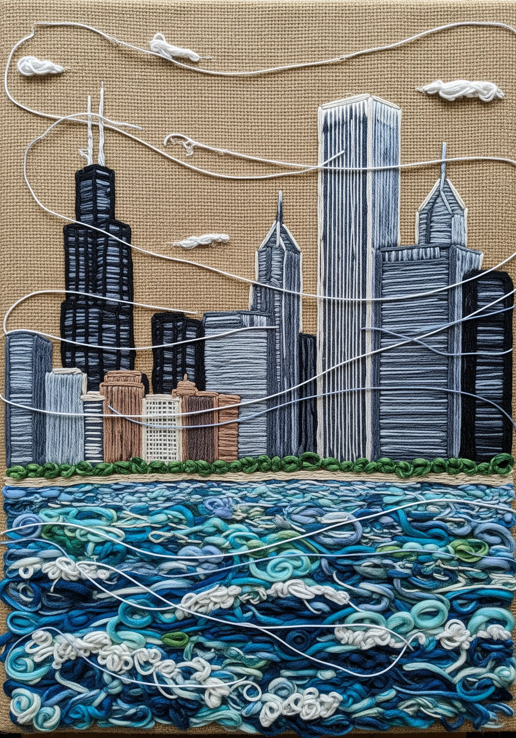 Embroidery of the Chicago skyline with highly textured, multi-colored yarn creating waves in the foreground.