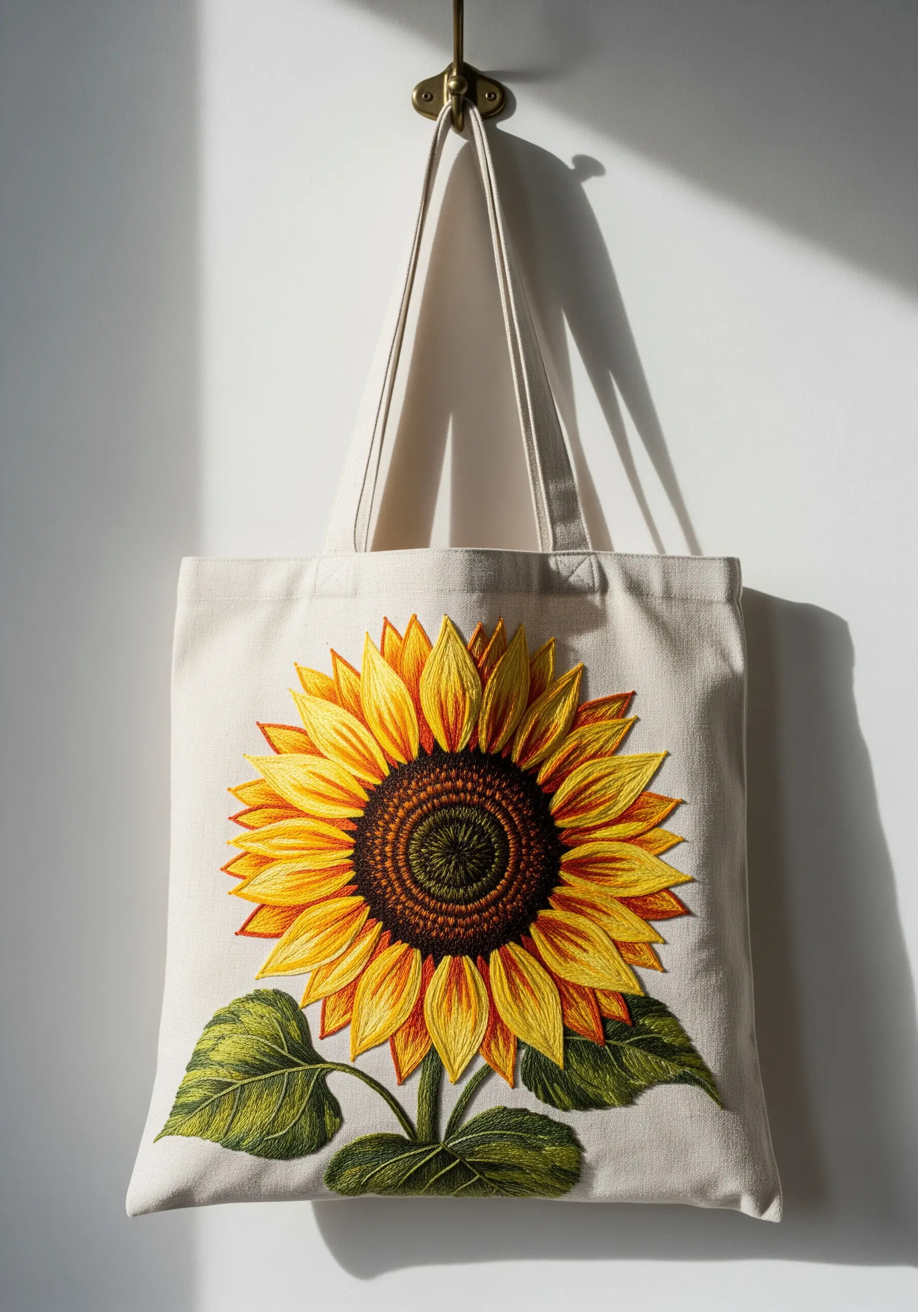Large, detailed sunflower embroidered with thread-painting technique on a tote bag