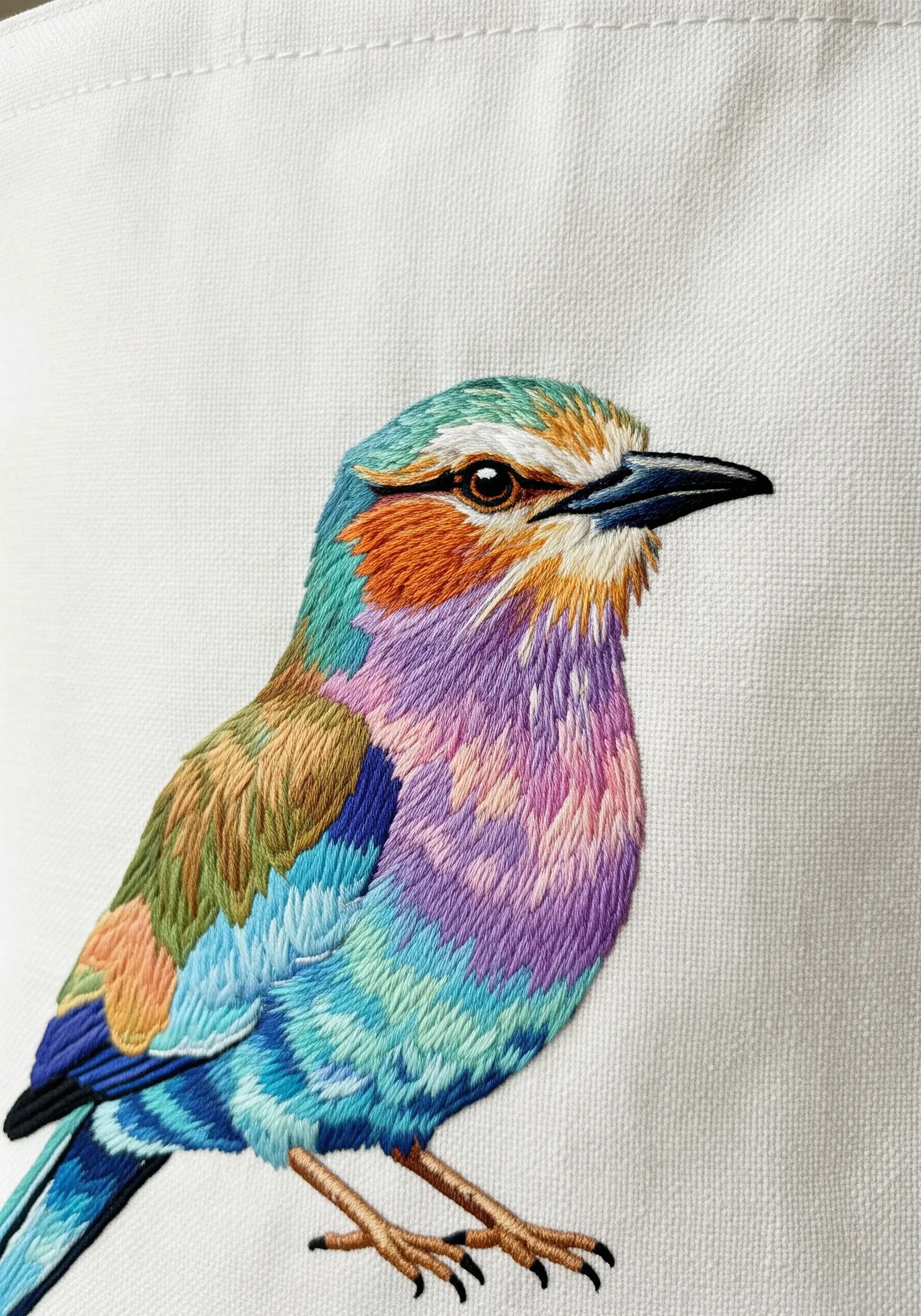 A highly detailed, realistic thread-painted portrait of a lilac-breasted roller bird.