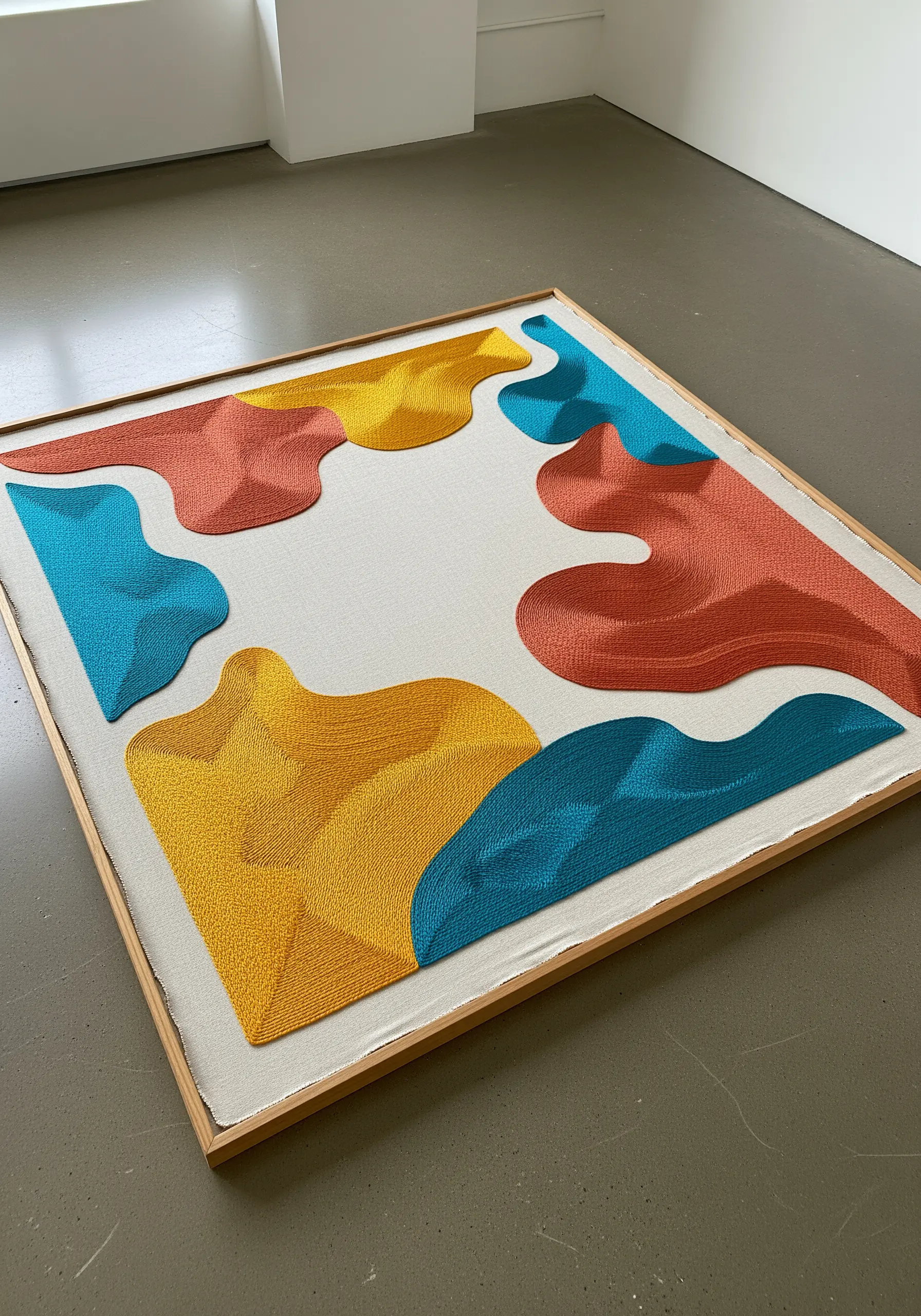 Large-scale abstract embroidery with solid fields of yellow, blue, and orange thread.