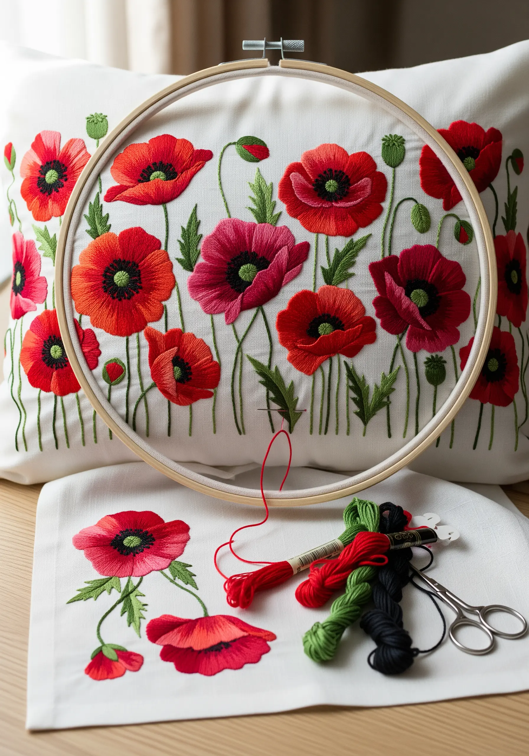 Vibrant red and pink embroidered poppies on a pillow and matching fabric.