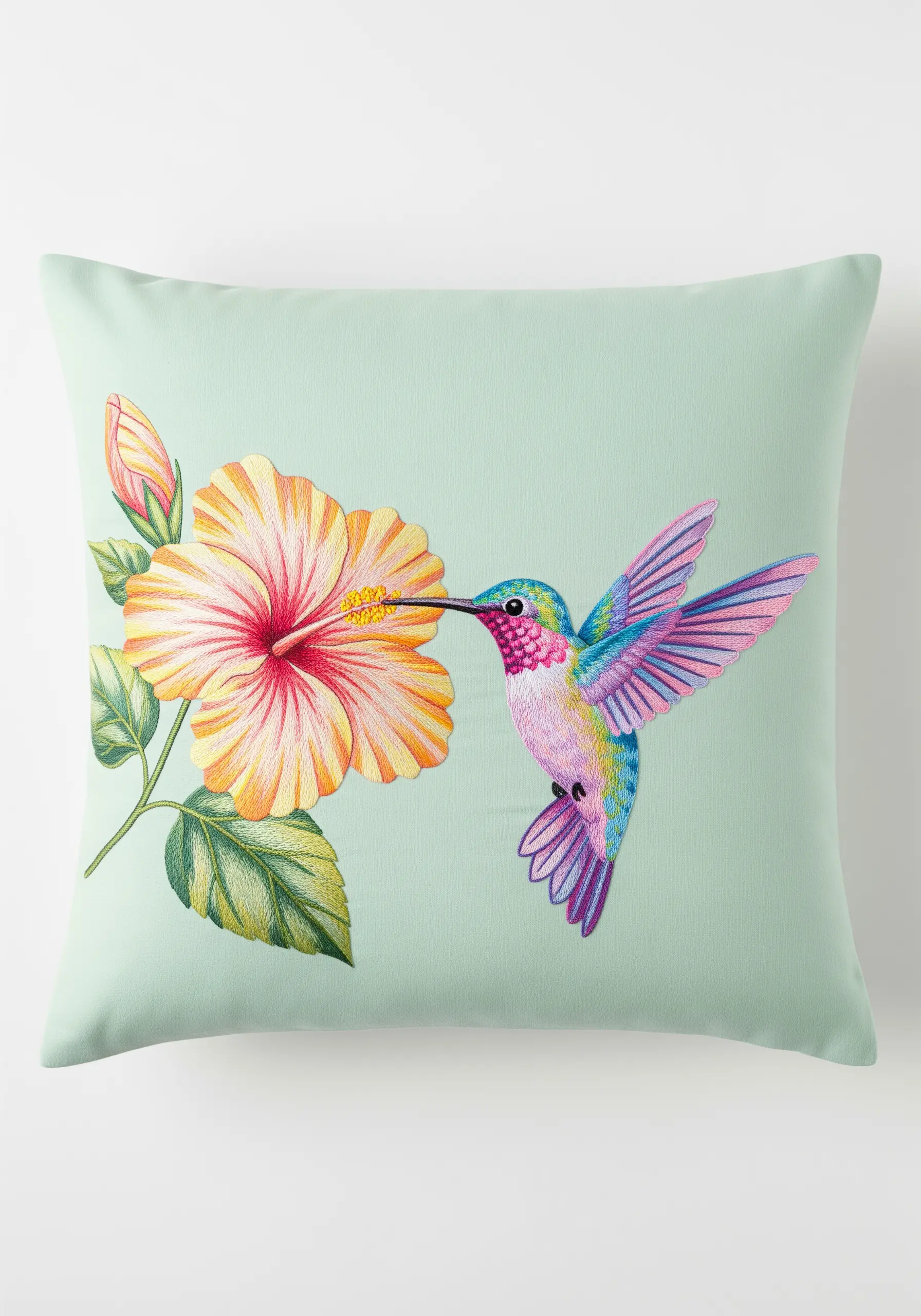 A realistically embroidered hummingbird and hibiscus flower on a mint green pillow.