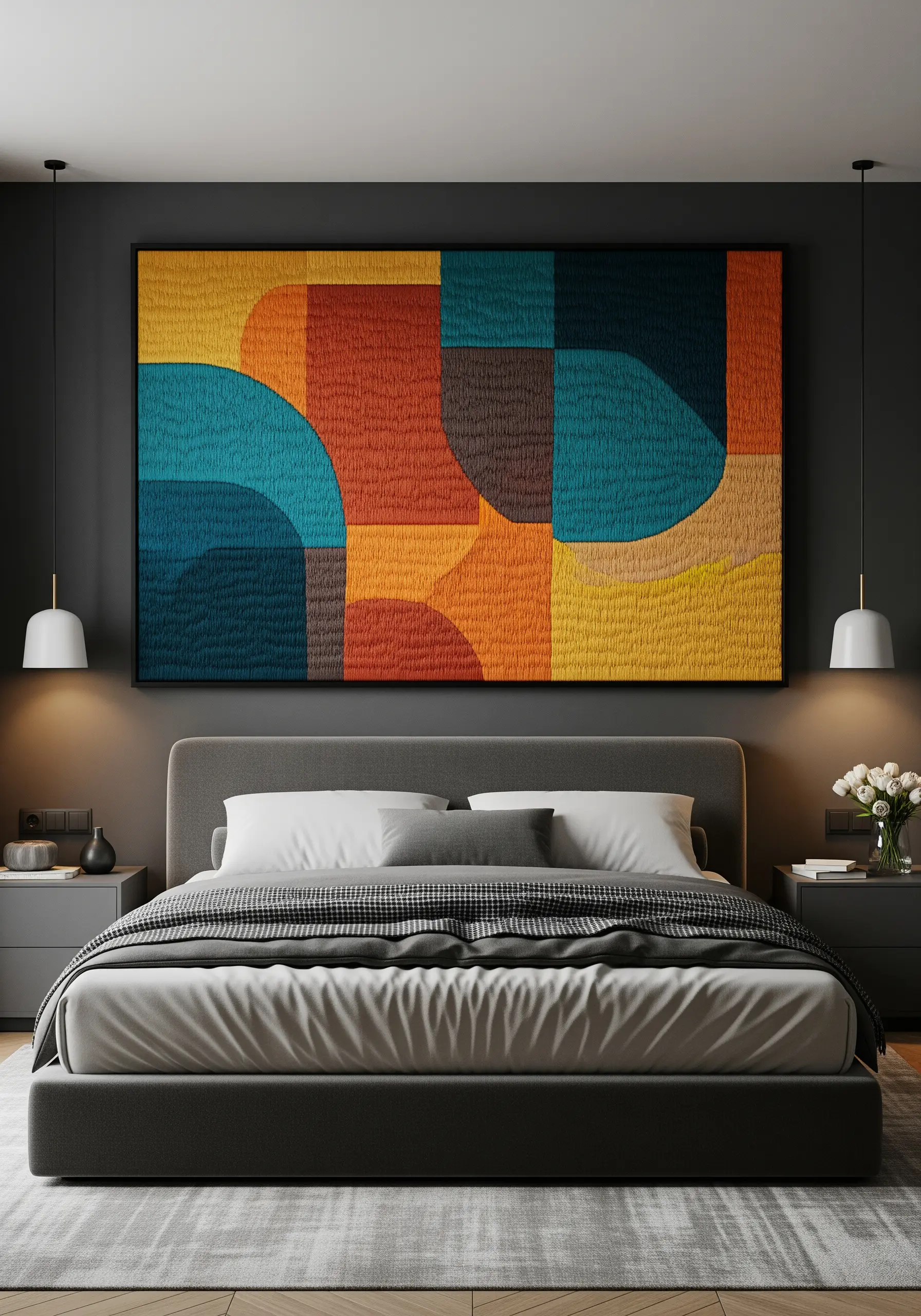 Large abstract embroidered artwork with color blocks of orange, yellow, and blue texture.