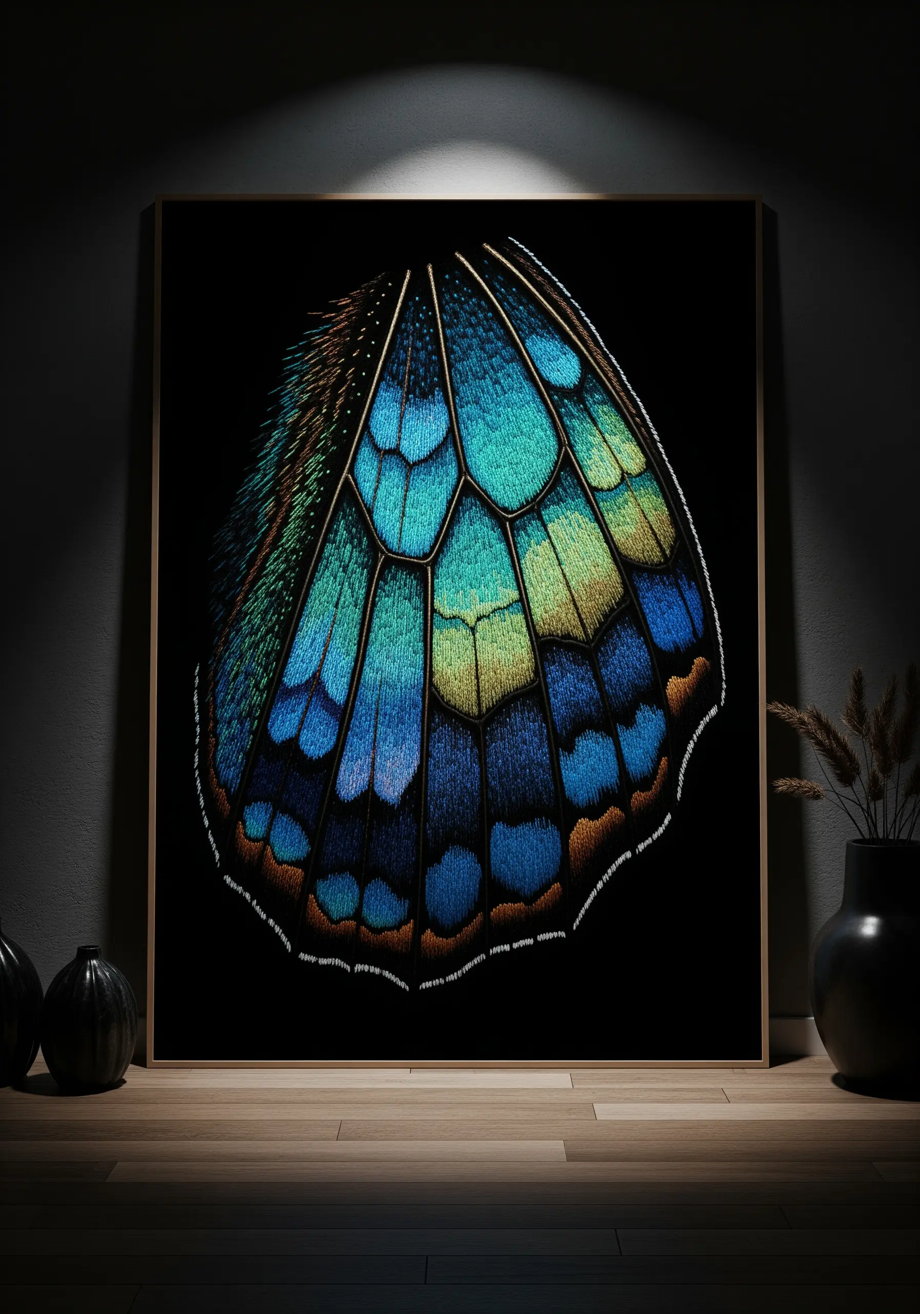 A detailed, embroidered butterfly wing showing iridescent color blending with long-and-short stitch.