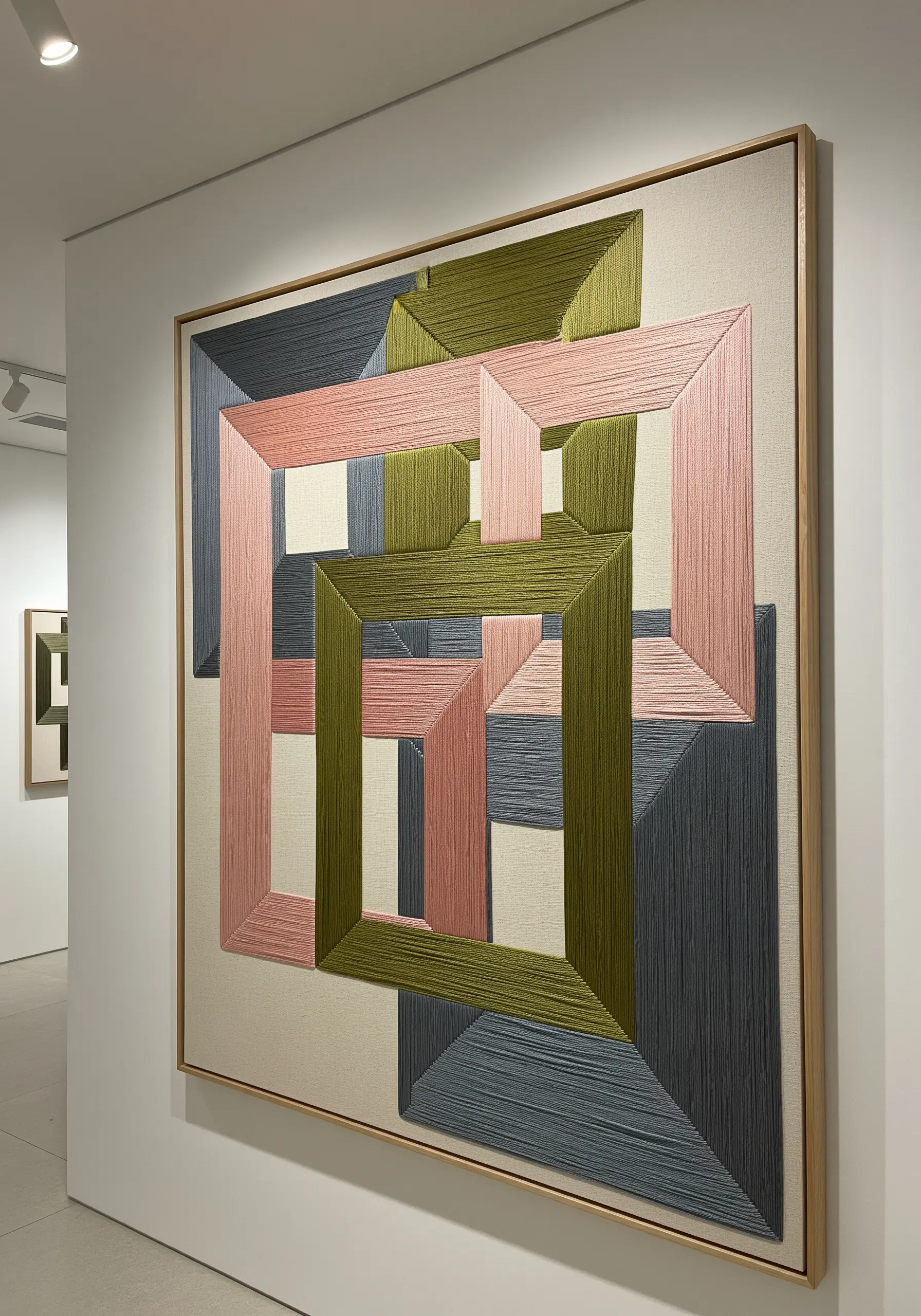 Large abstract embroidery with interlocking geometric shapes in muted pink, green, and grey.