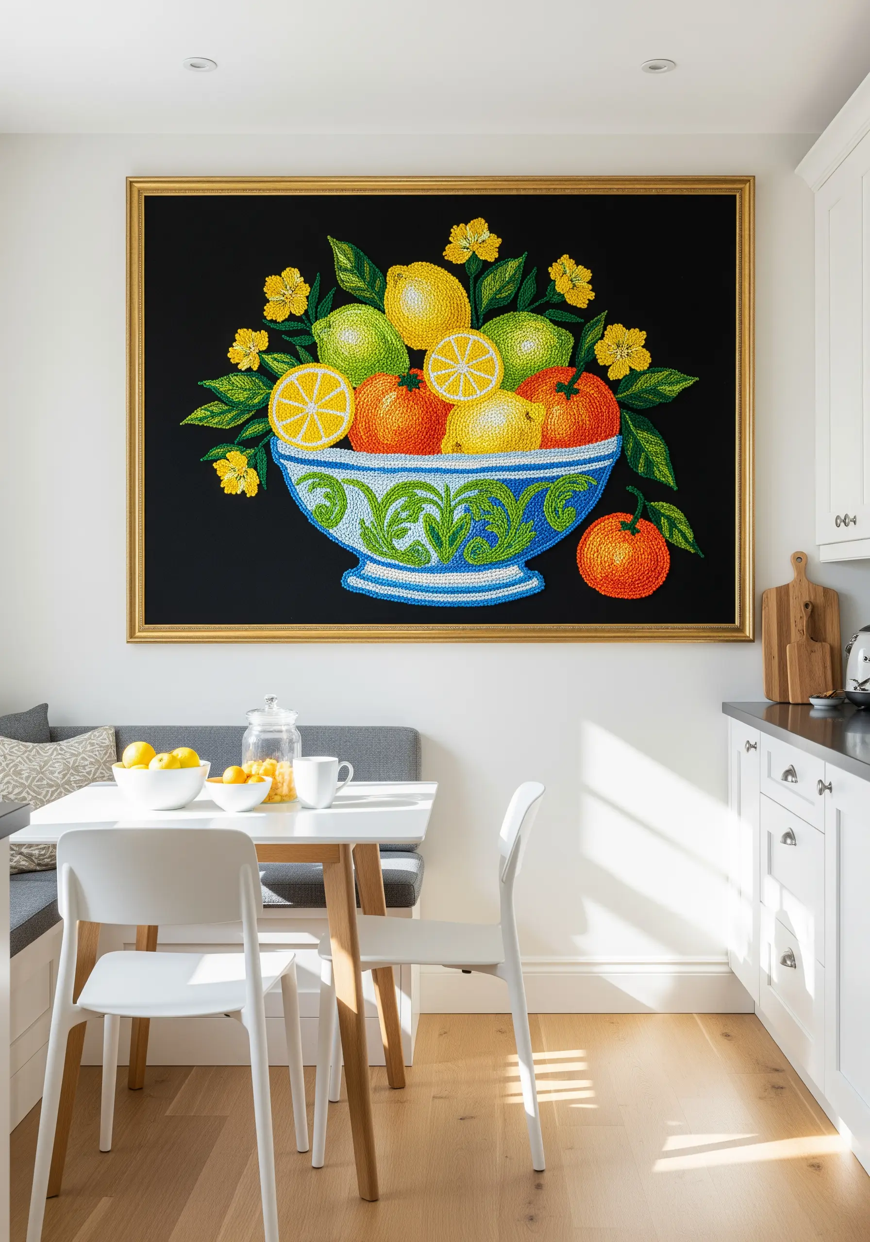 A framed embroidery of a citrus bowl, filled entirely with colorful French knots on black fabric.