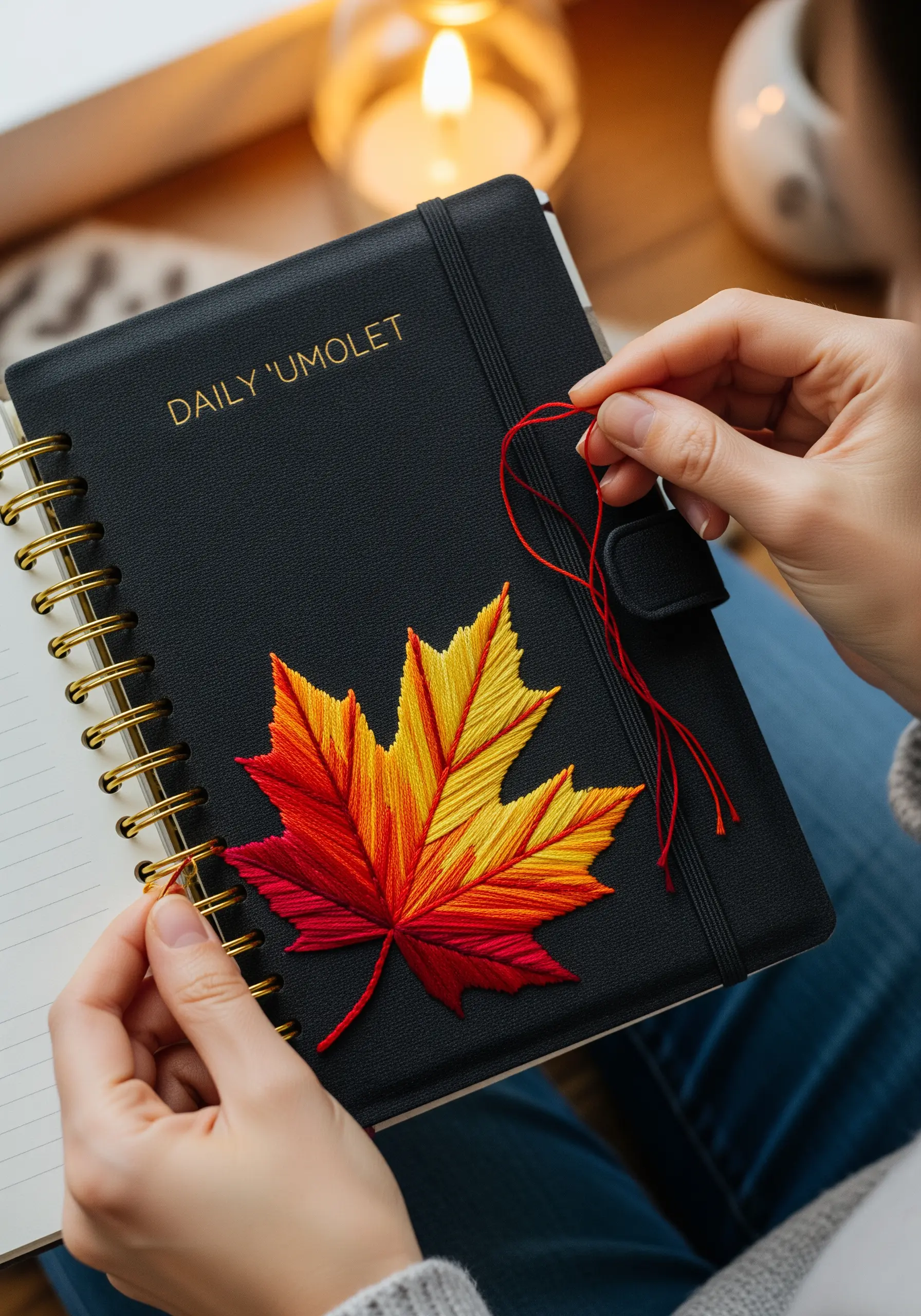 A vibrant maple leaf with a red, orange, and yellow gradient embroidered on a black journal.
