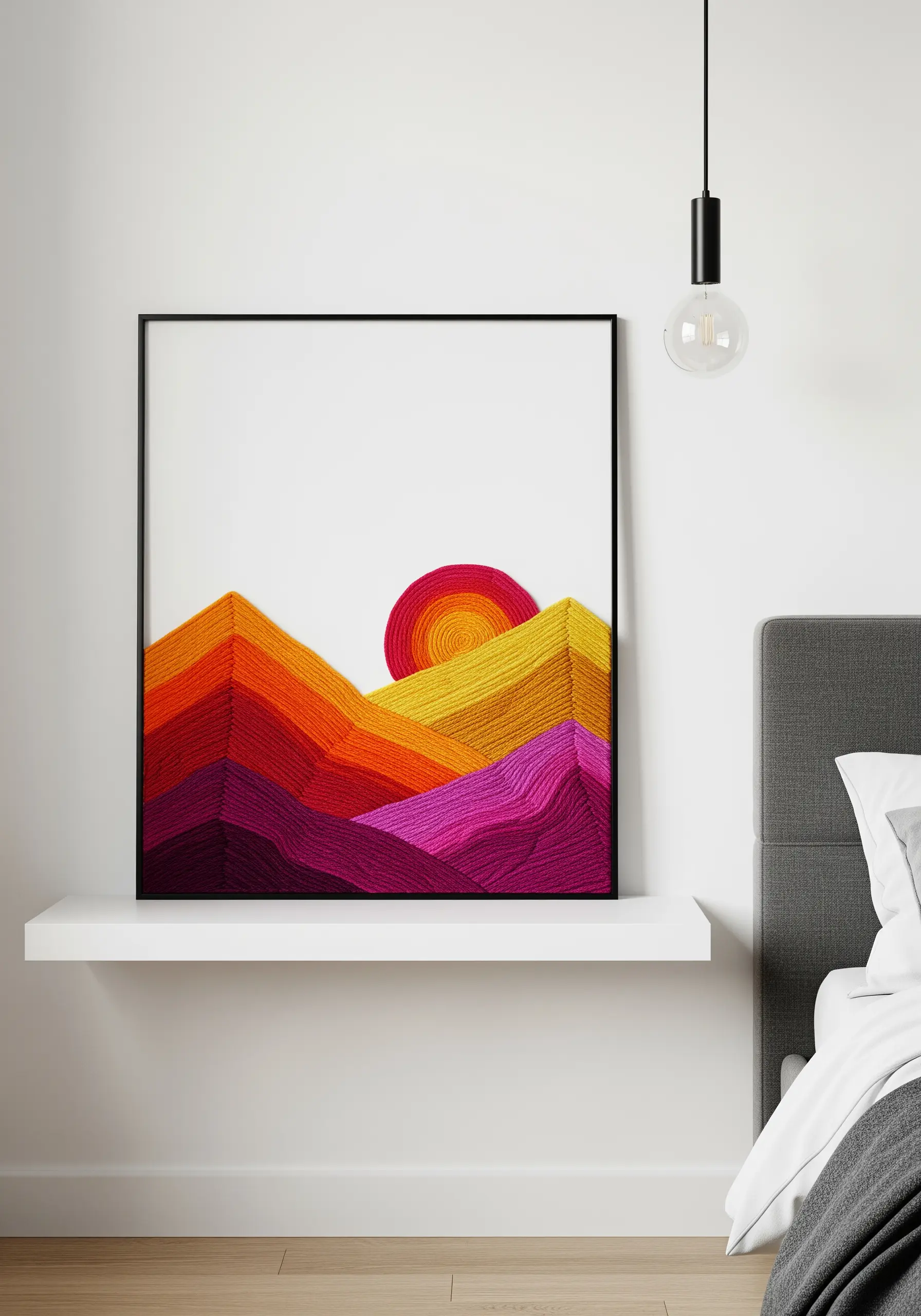 A framed fiber art landscape made with vibrant orange, yellow, and purple yarn on a white canvas.
