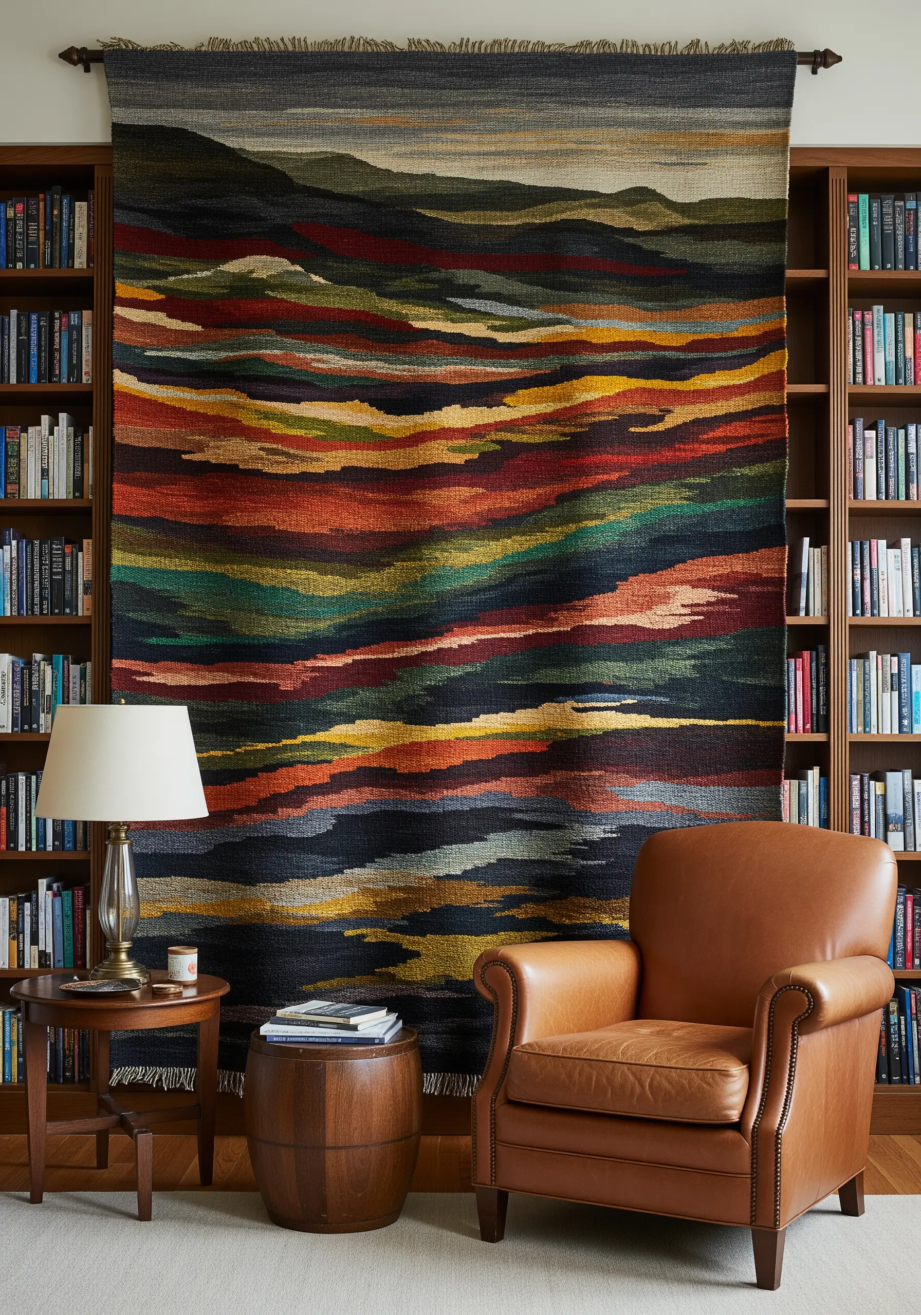 A large, colorful woven tapestry depicting an abstract landscape hanging in a library.