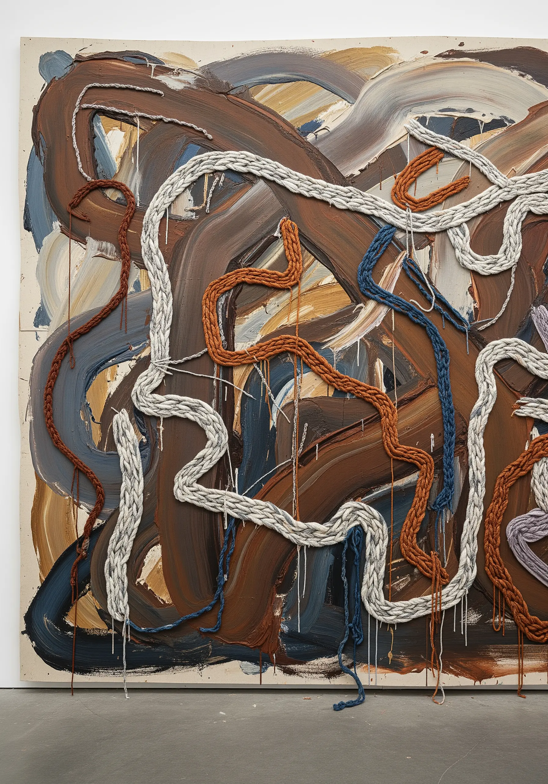 Abstract painting with thick, braided yarns stitched onto the surface in meandering lines.