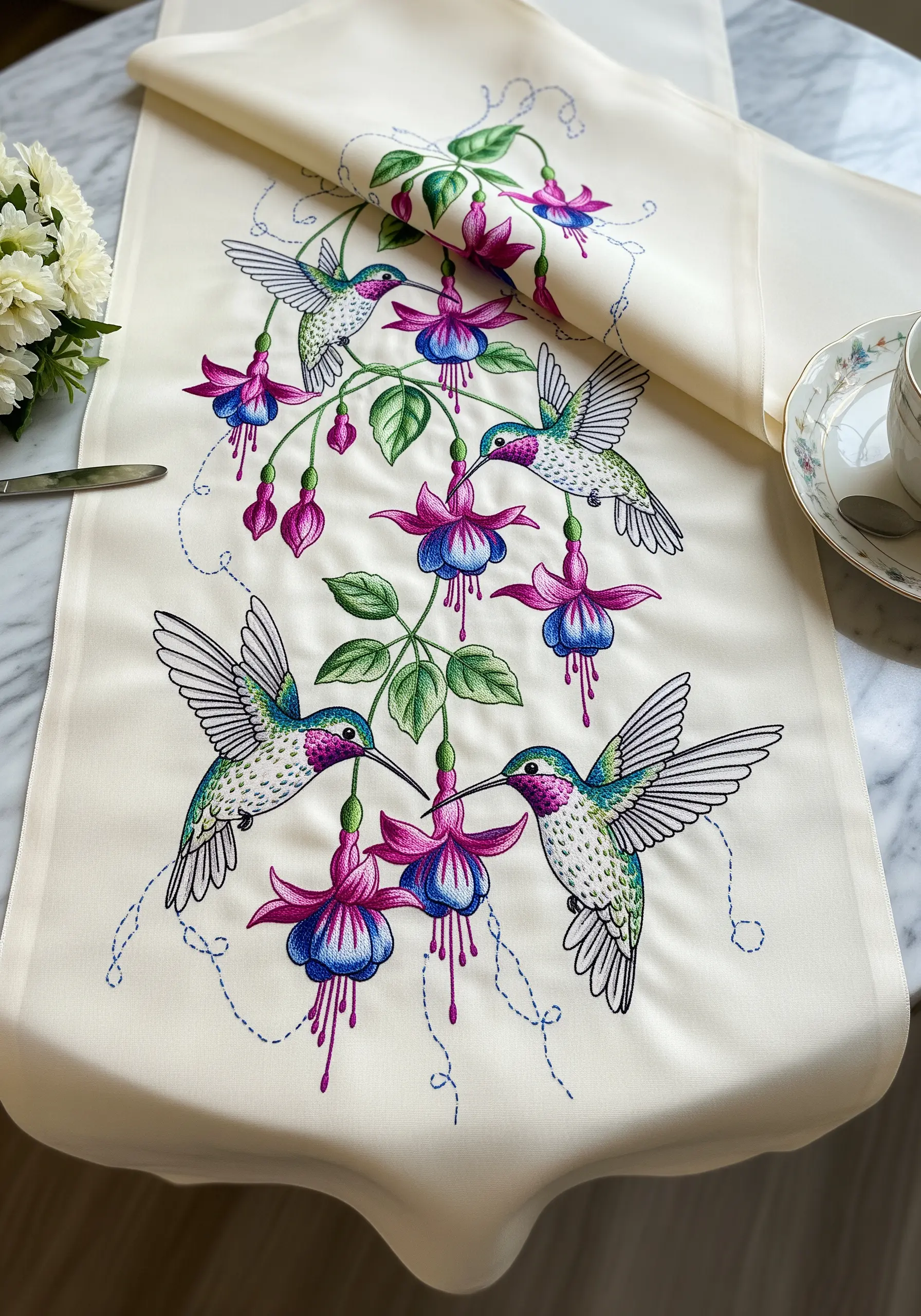 Colorful embroidery of hummingbirds and fuchsia flowers with detailed satin stitch.
