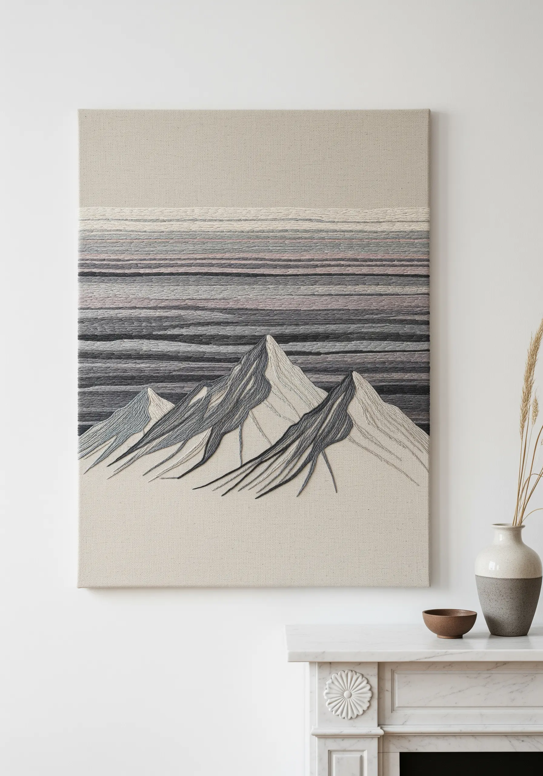 Large-scale framed embroidery of a mountain range with long, blended stitches.