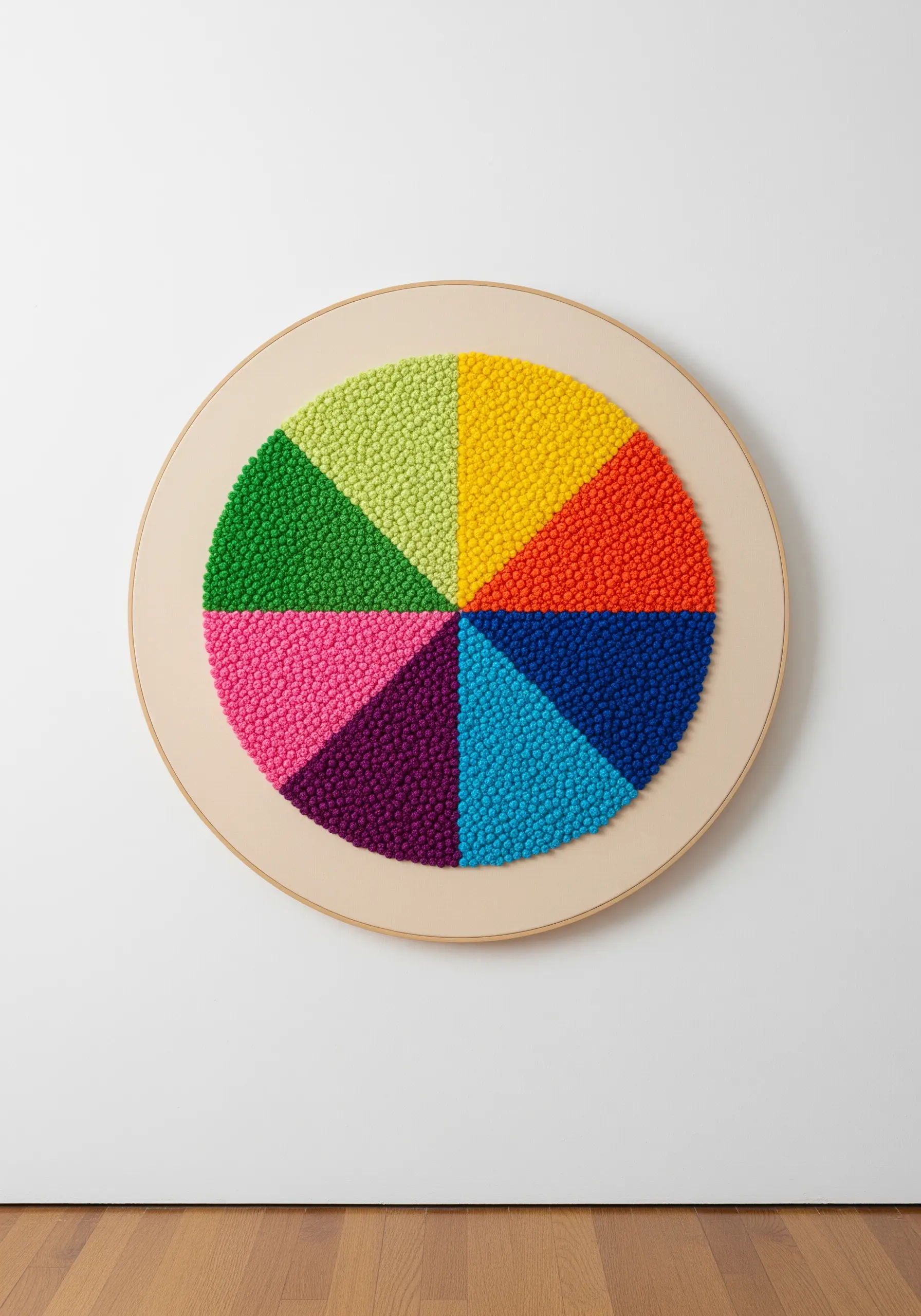 A circular hoop art piece with a color wheel design made of dense, colorful French knots.