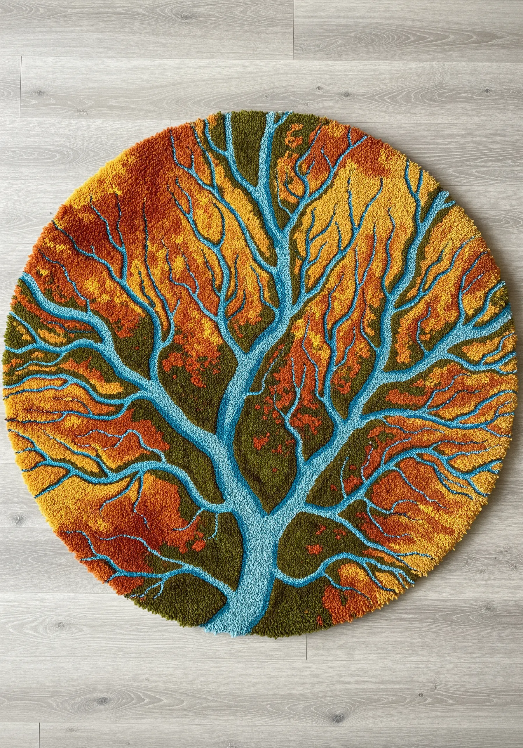 A circular tufted rug depicting a tree with blue branches and autumn-colored leaves.