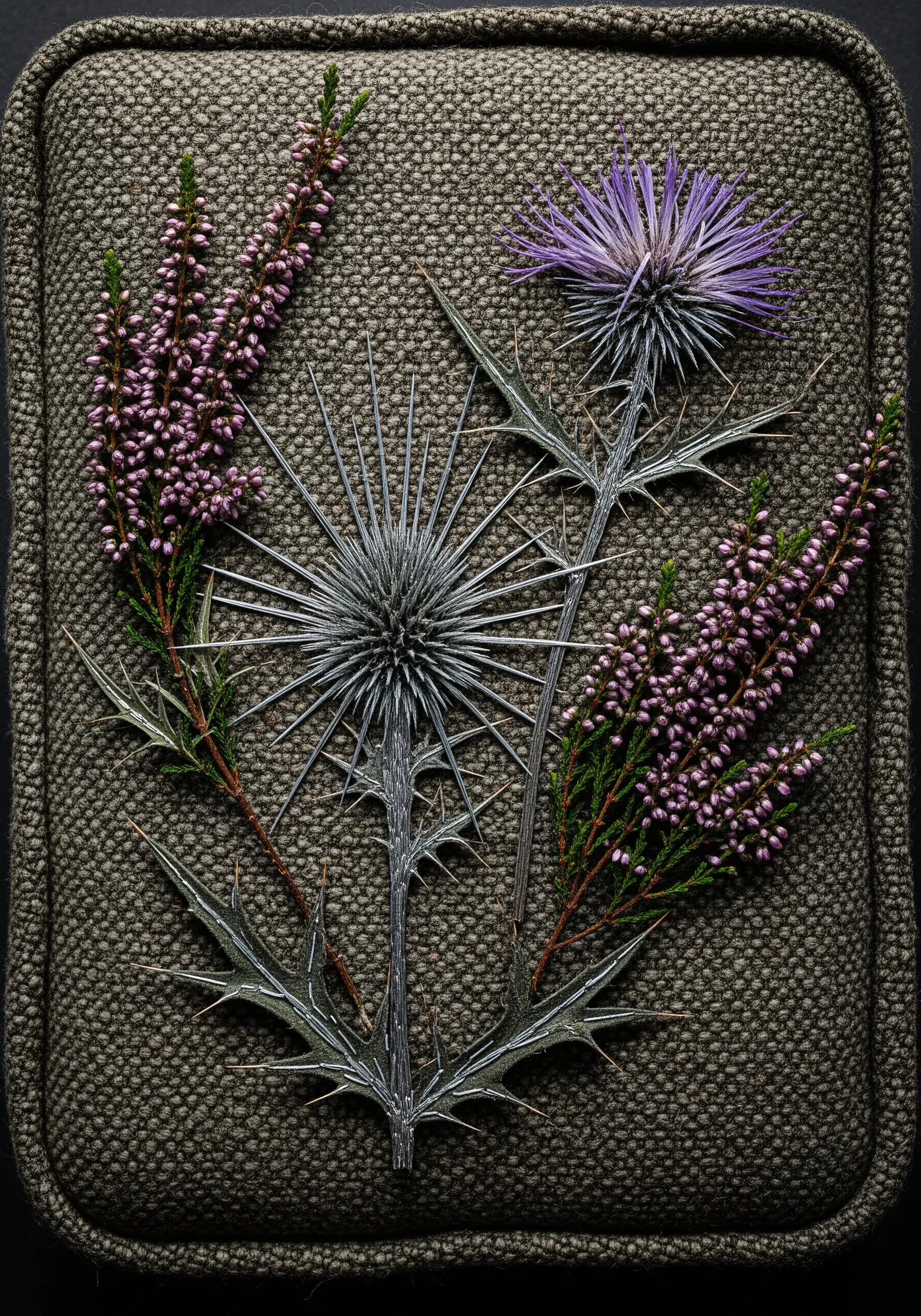 A composition of real thistles and heather stitched onto a dark, textured tweed fabric.