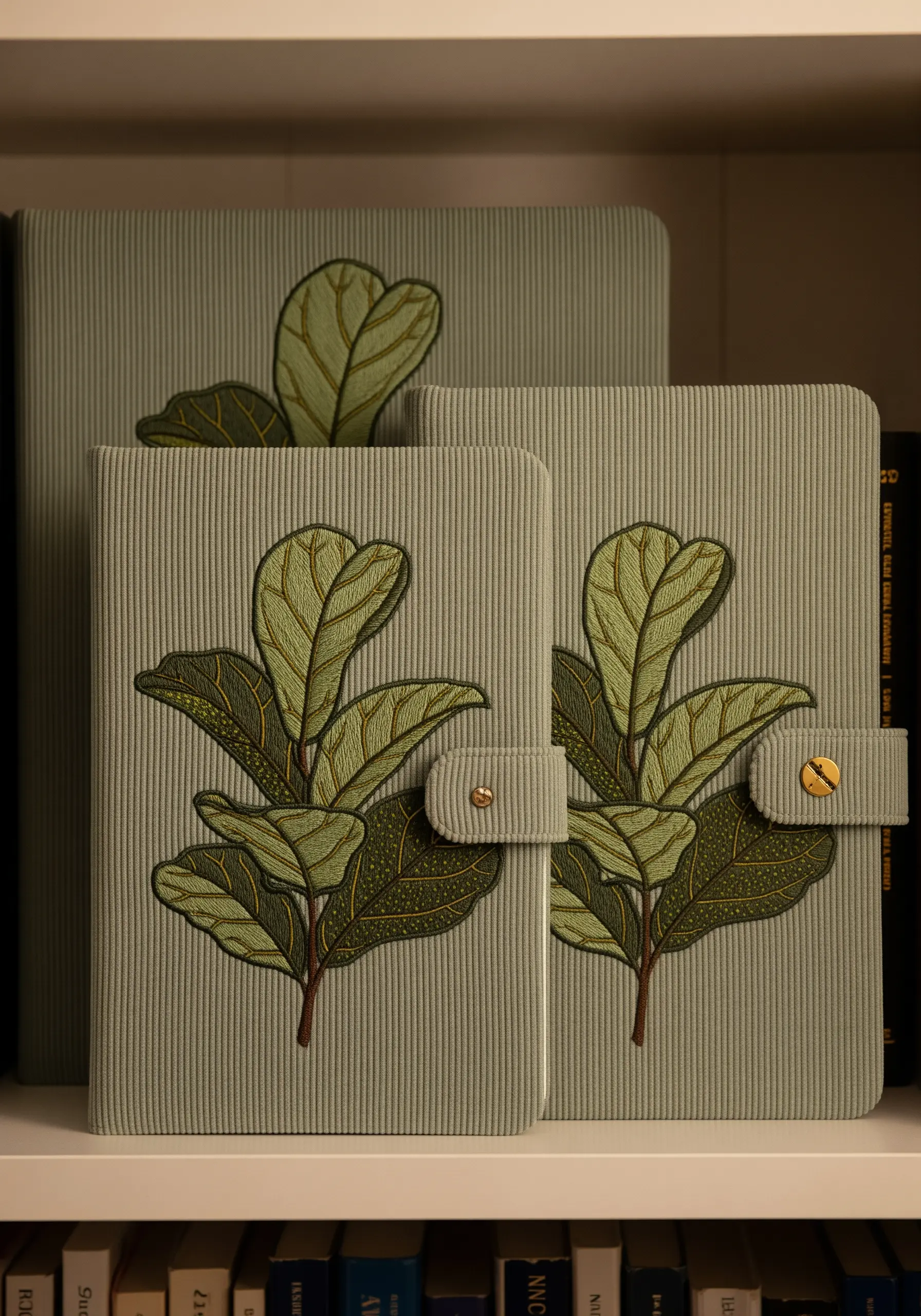 A fiddle-leaf fig plant embroidered on a sage green corduroy journal cover.