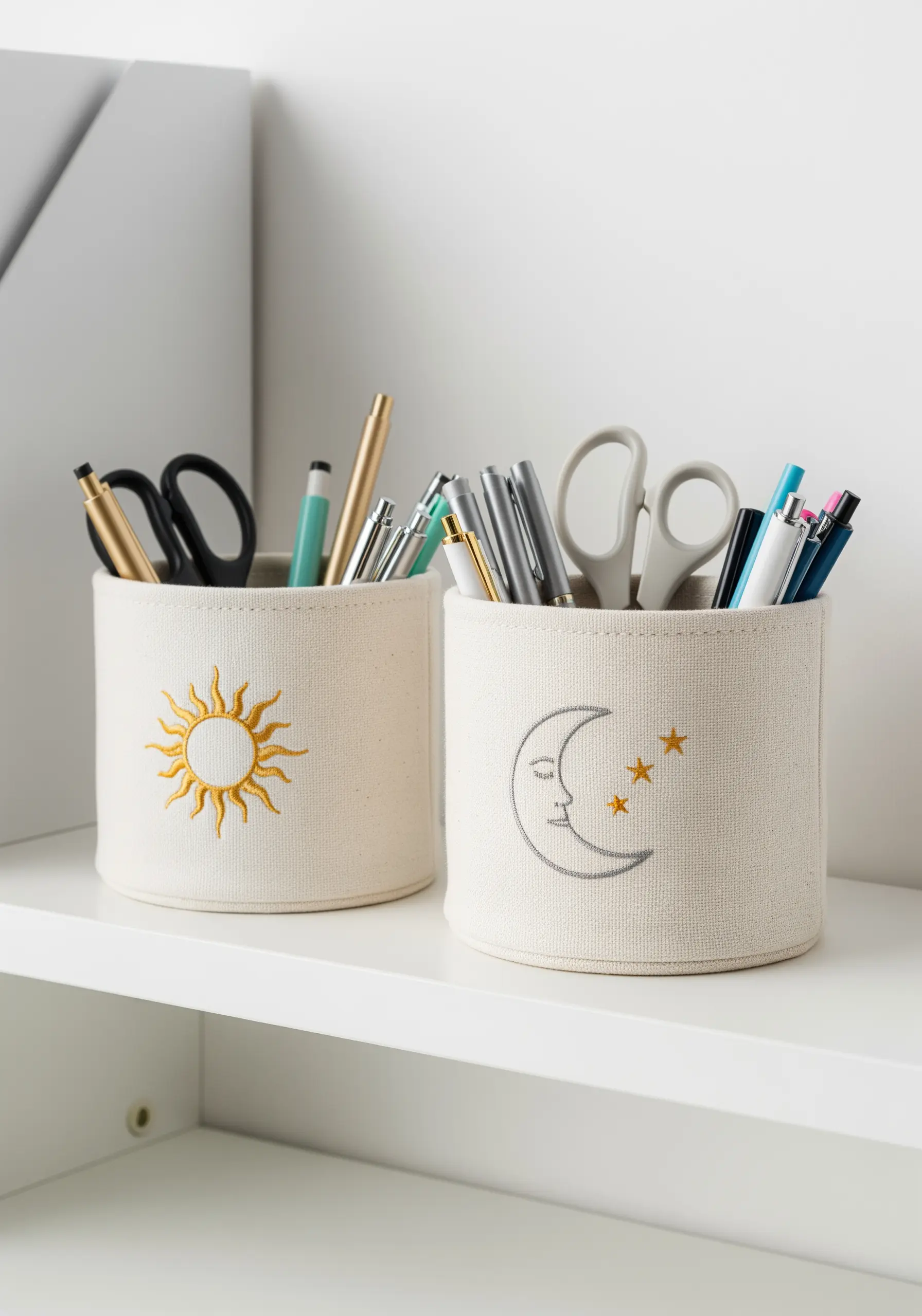 Sun and moon motifs embroidered on canvas pen holders using matte and metallic threads