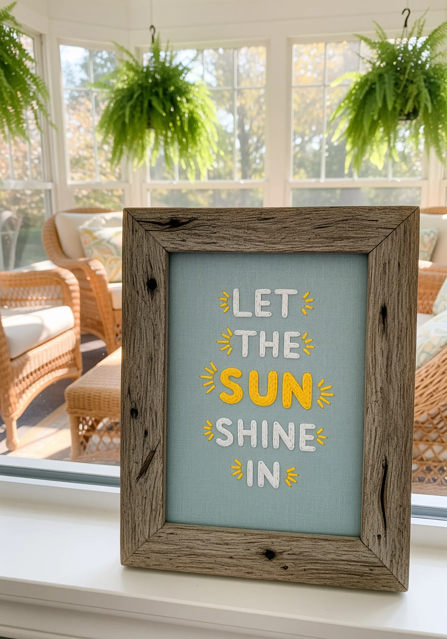 A cheerful embroidered quote with a textured yellow sun in a rustic wood frame.