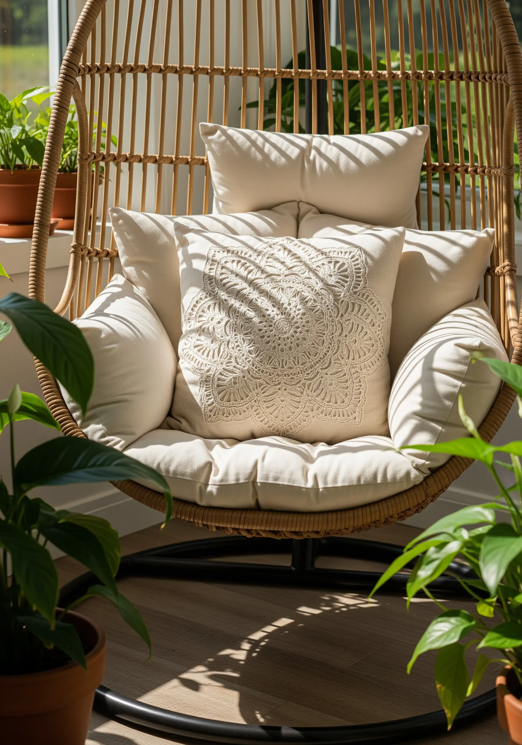 A white-on-cream embroidered mandala cushion placed in a natural rattan hanging chair.