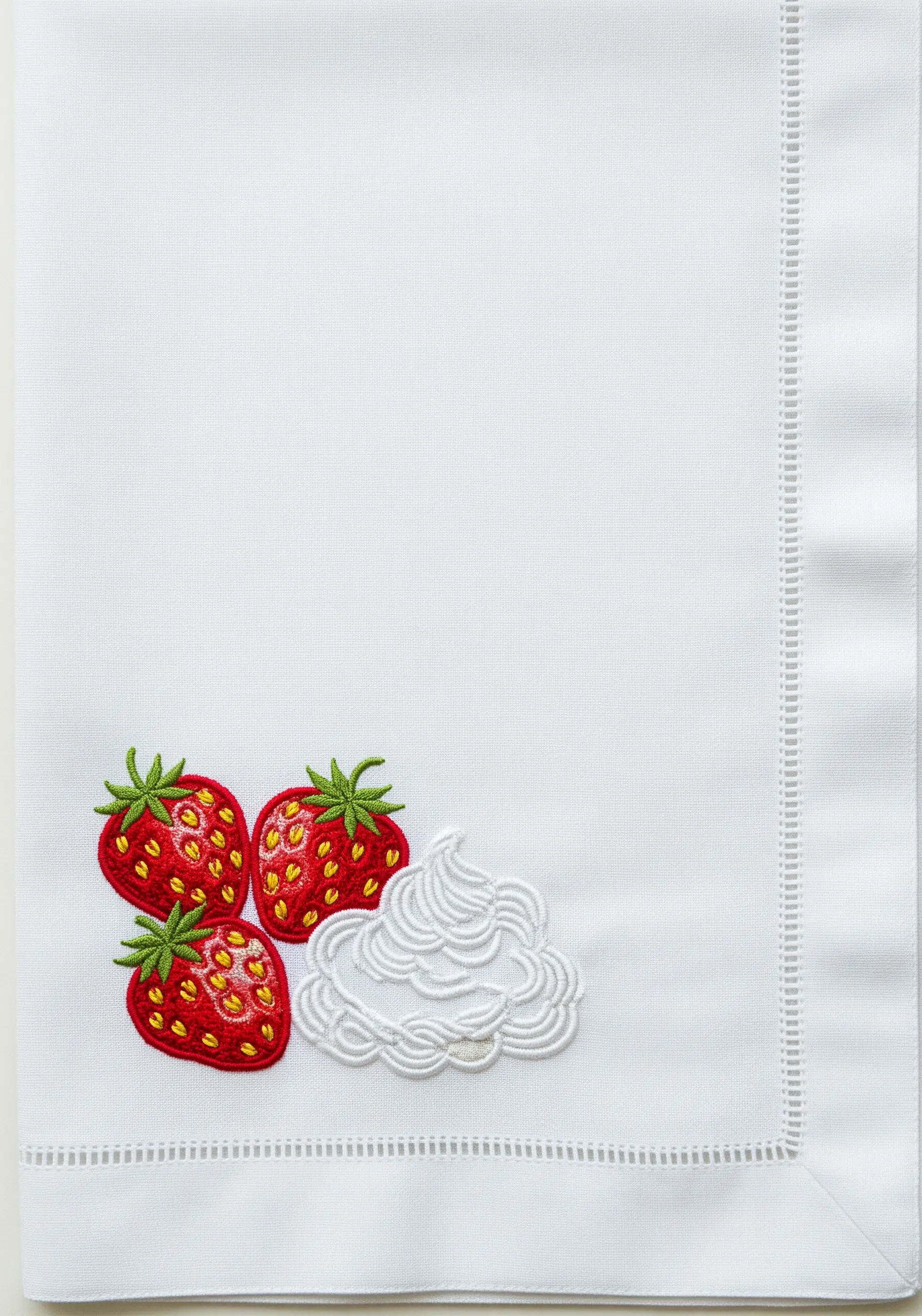 Embroidered strawberries with a dollop of whipped cream on a white napkin.