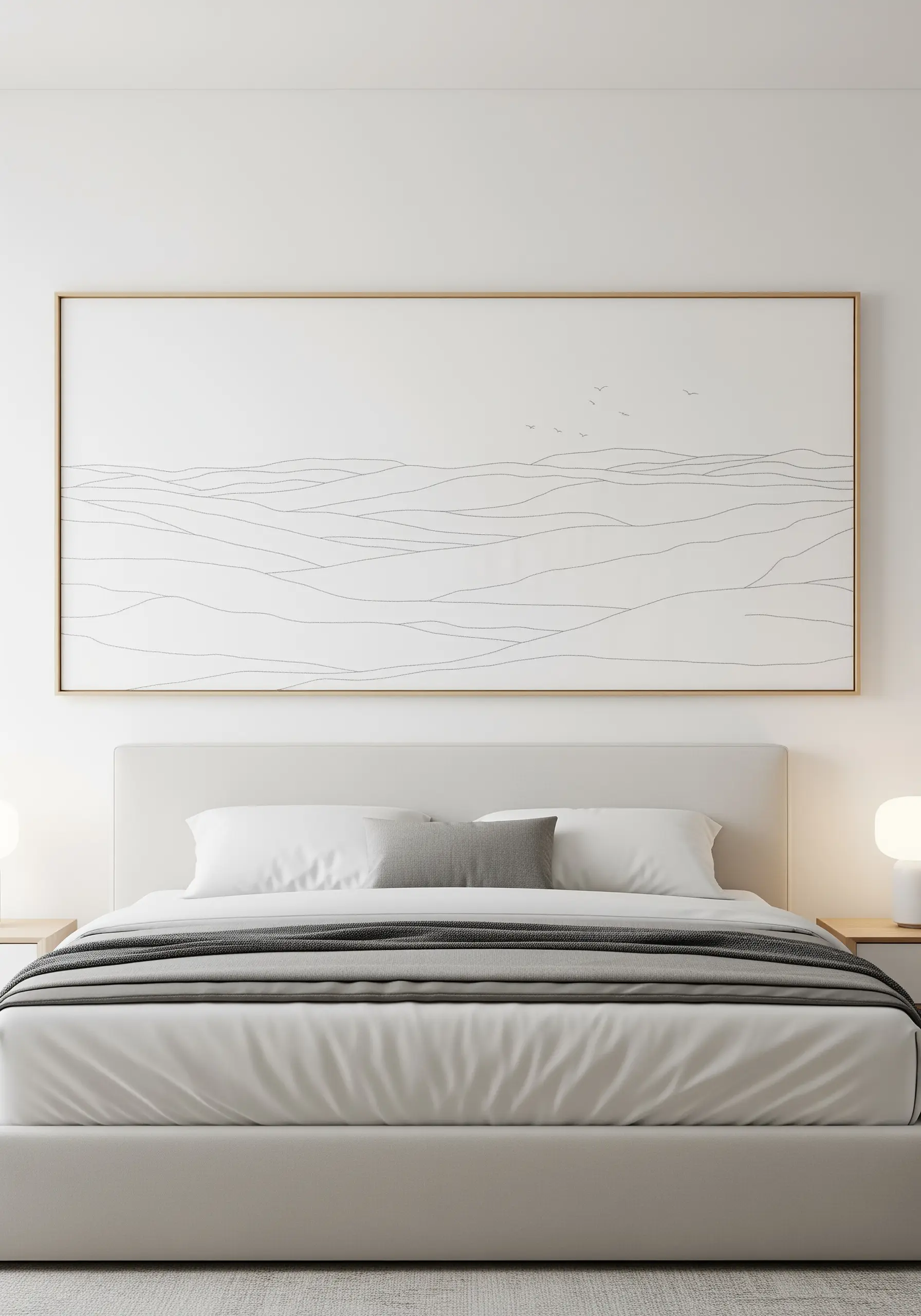 Large panoramic minimalist landscape embroidery with fine lines depicting hills and birds.
