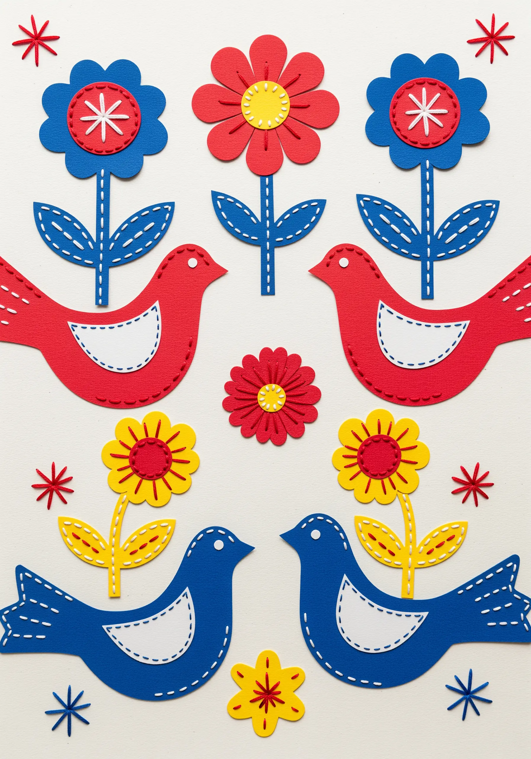 Symmetrical folk art birds and flowers made from colored paper with simple white and yellow stitches.